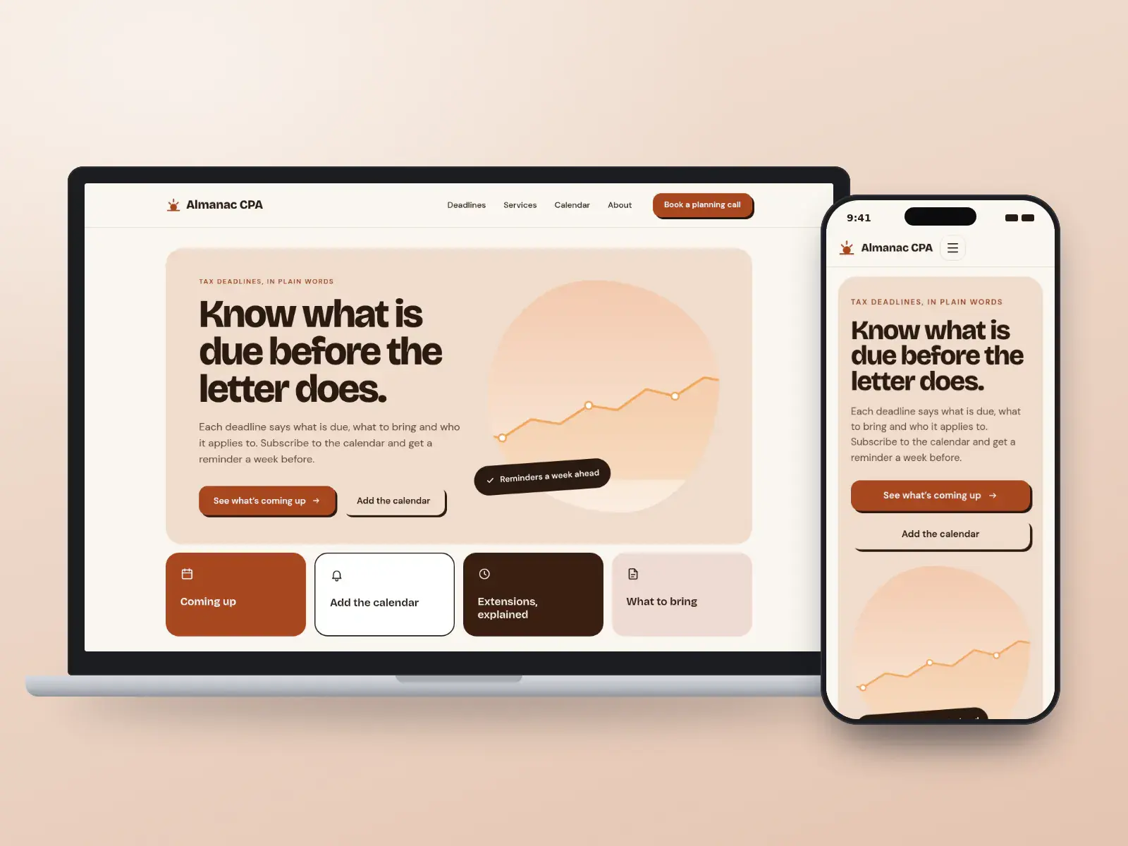 Almanac CPA, a terracotta and paper accounting website with big friendly type, a calendar page illustration and colourful tiles for upcoming tax deadlines, on a laptop and a phone.