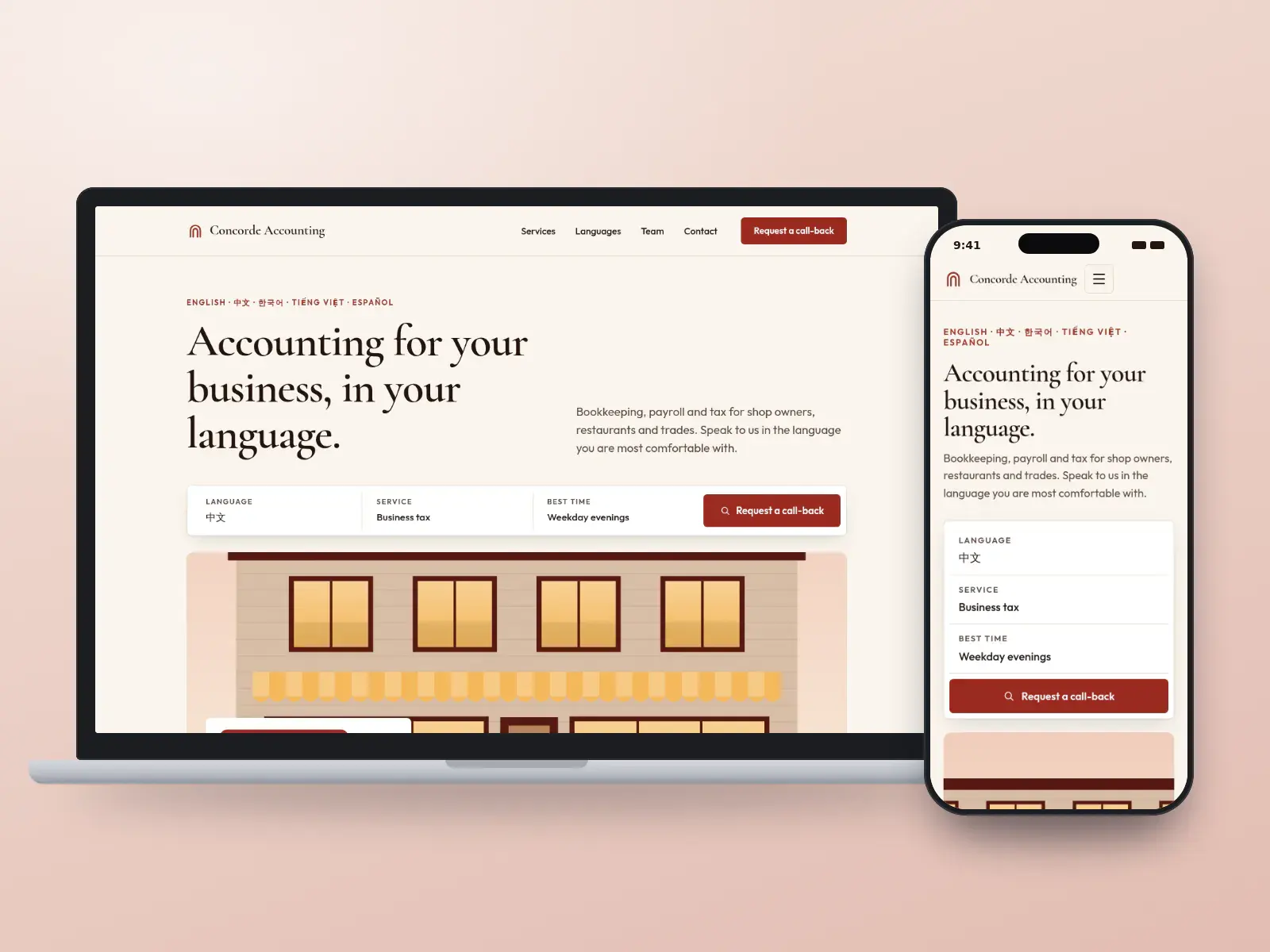 Concorde Accounting, a lacquer red and cream multilingual accounting website with a language and service search bar and a wide illustration of a street of shopfronts, on a laptop and a phone.