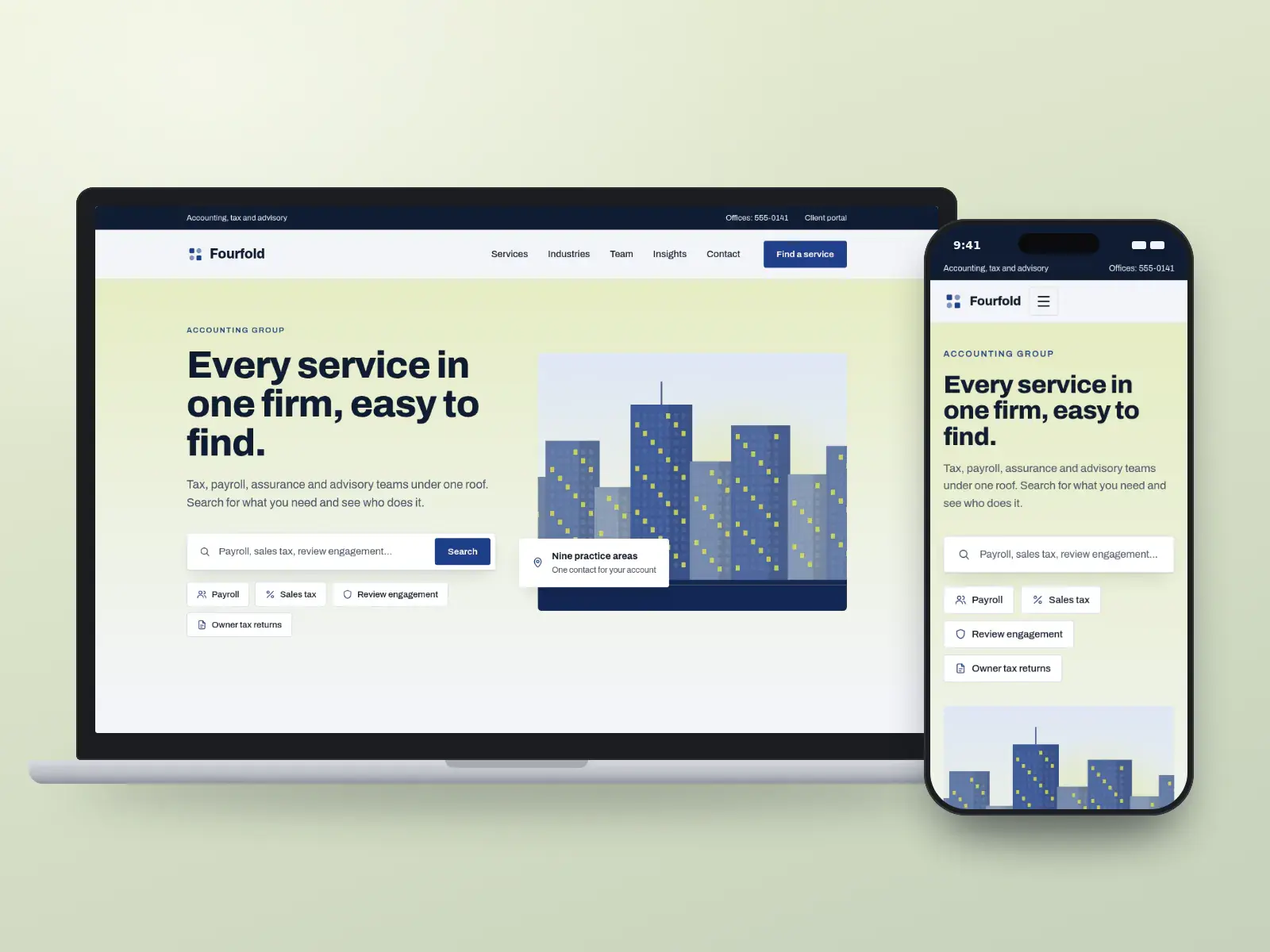Fourfold Accounting Group, a navy and citron multi-service accounting website with a service search, quick links like payroll and sales tax, and a city block illustration, on a laptop and a phone.