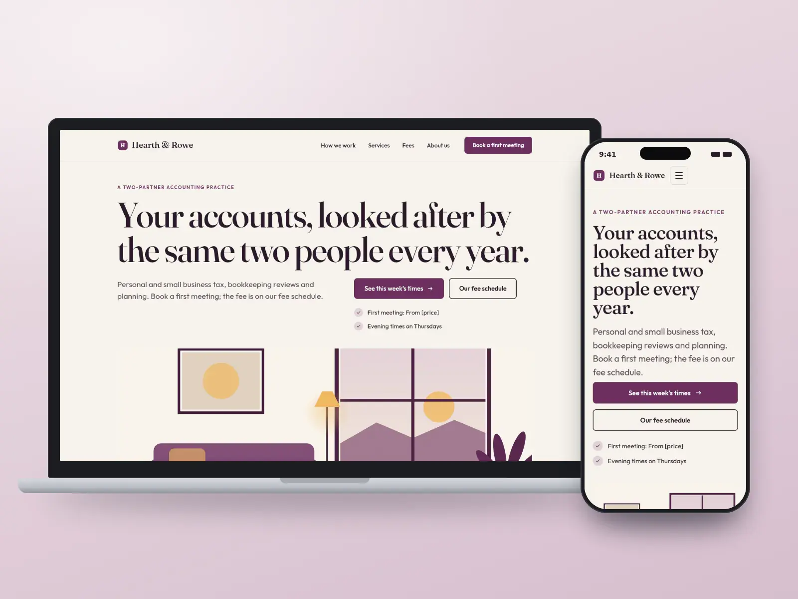 Hearth & Rowe Accounting, a plum and oat editorial accounting website with a large serif headline above a lamp-lit office interior illustration, on a laptop and a phone.