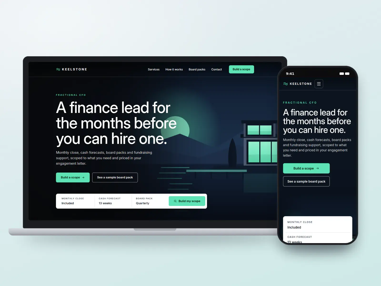 Keelstone Advisory CPAs, a midnight and mint fractional CFO website with a full-width night harbour skyline, a bold headline and a scope builder bar, on a laptop and a phone.