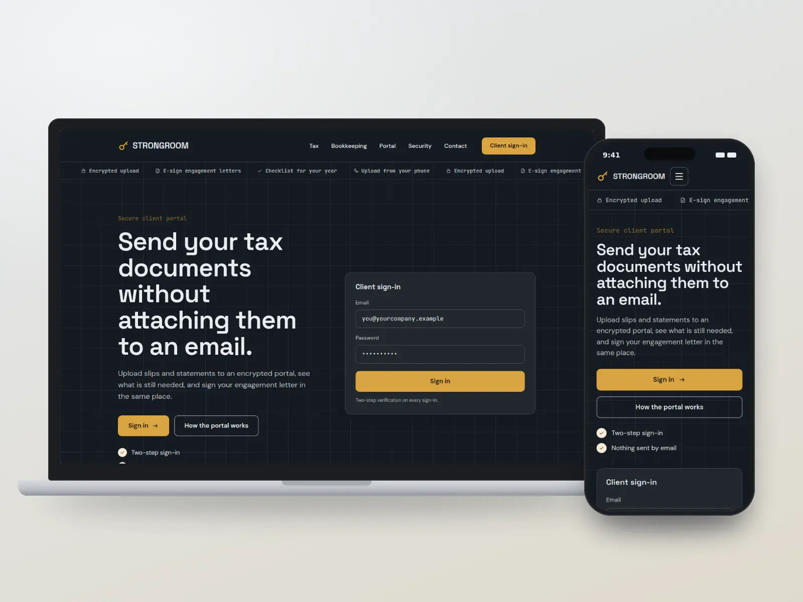 Strongroom Accounting, a dark slate and brass accounting website with a secure client sign-in panel, a ticker of portal features and a vault-like illustration, on a laptop and a phone.