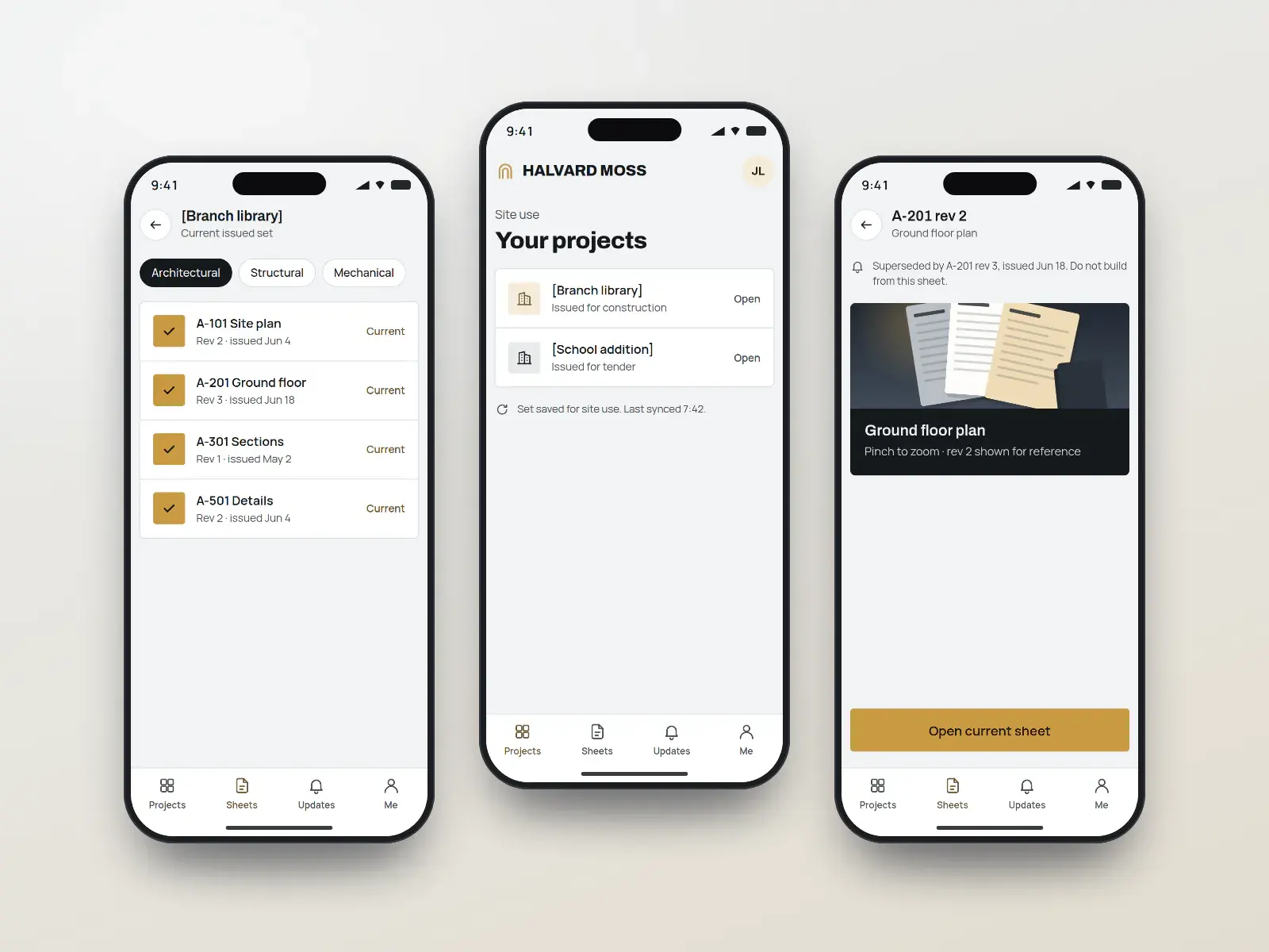 Halvard Moss drawing viewer app, three slate and brass phone screens: a project picker, the current issued drawing set by sheet number, and a superseded sheet warning.