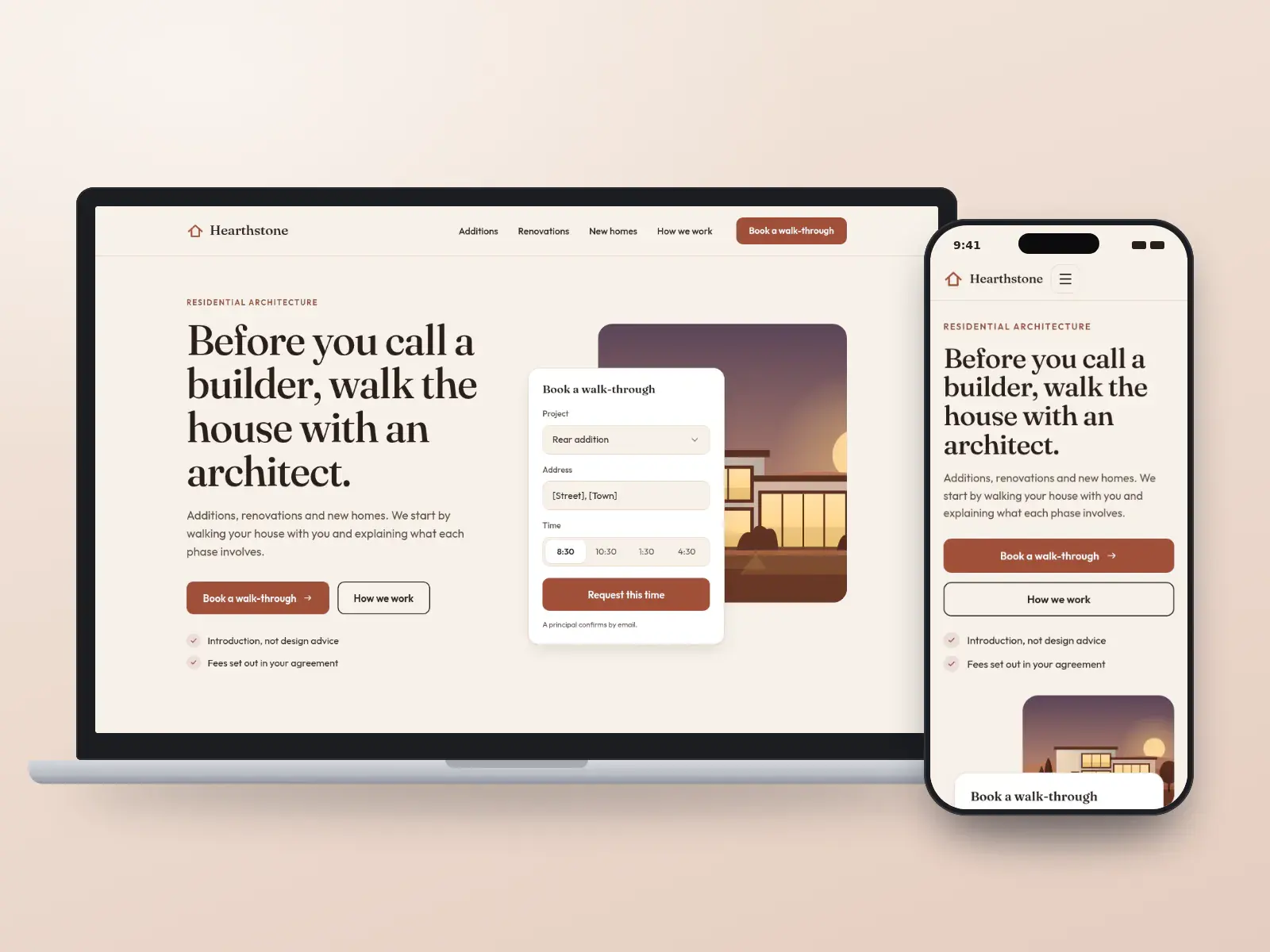 Hearthstone Residential Architects, a clay and cream website with a booking card for a house walk-through over an illustration of a house at dusk, shown on a laptop and a phone.