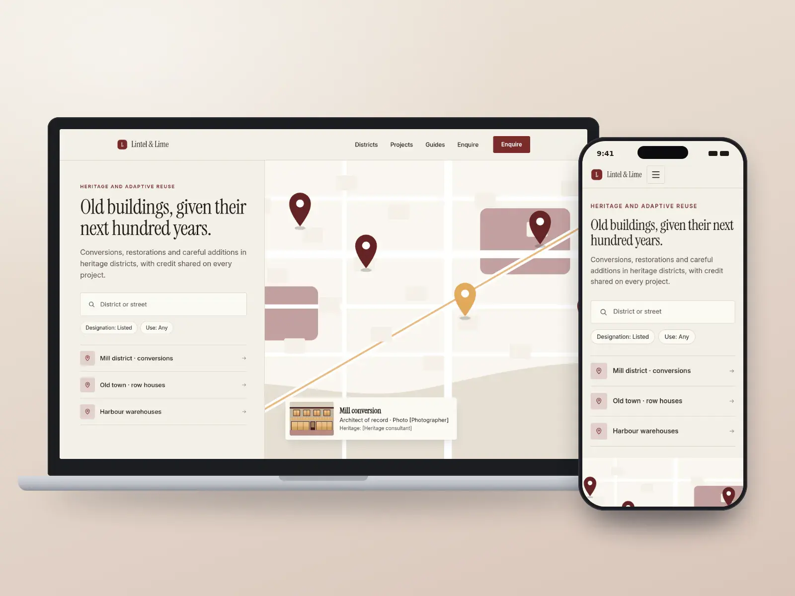 Lintel & Lime Architects, an oxblood and limestone heritage architecture website with a district search beside a map of pinned projects and a project card, shown on a laptop and a phone.