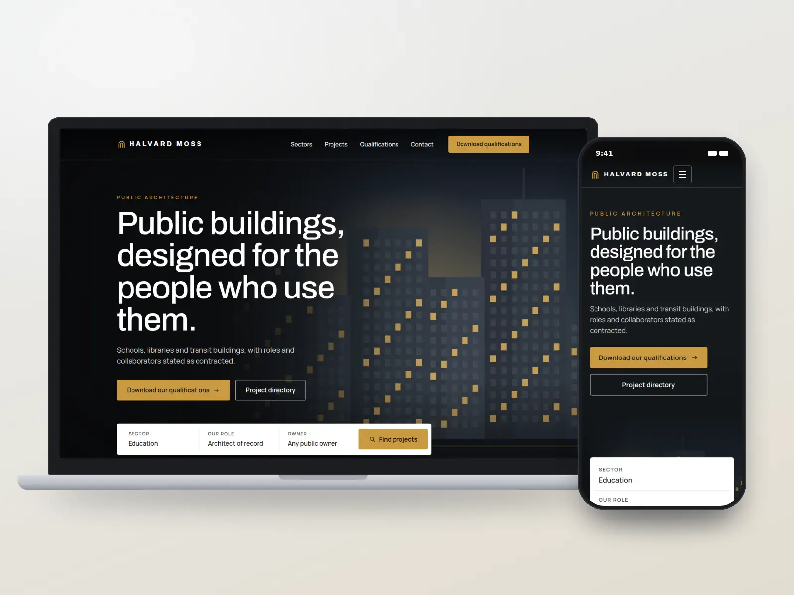Halvard Moss Architects, a slate and brass public architecture website with a full-width night illustration of civic towers and a project directory bar, shown on a laptop and a phone.