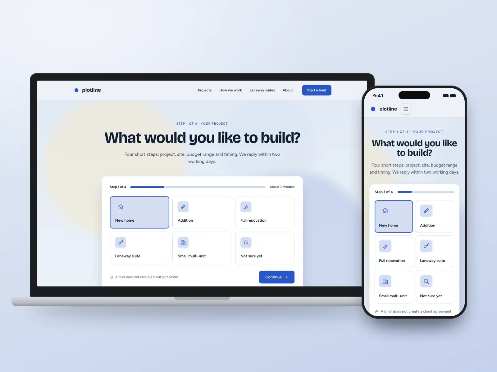 Plotline Architecture, a blueprint blue architecture website whose homepage is a four-step project brief with project type tiles and a progress bar, shown on a laptop and a phone.