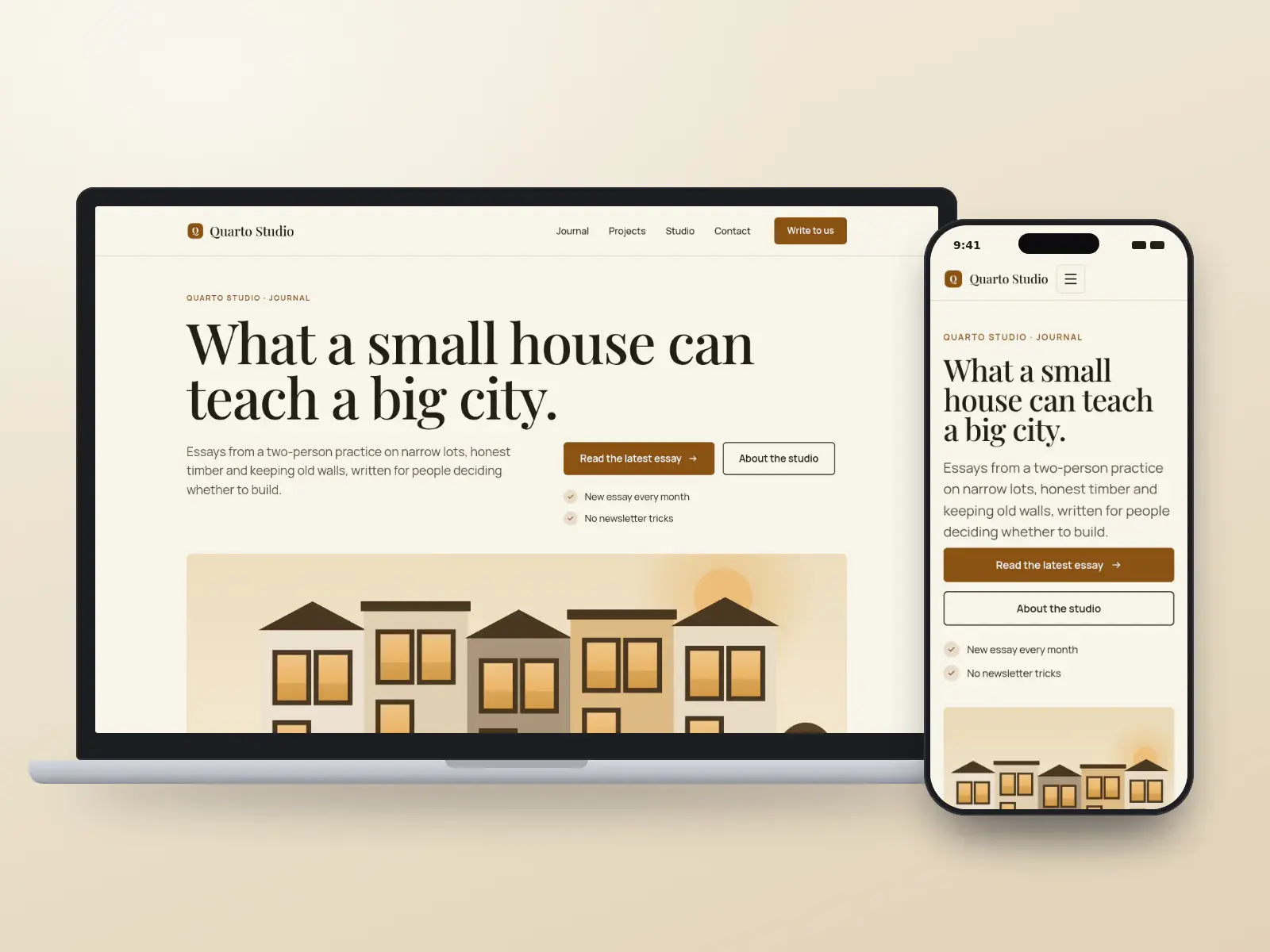 Quarto Studio, an ochre on paper architecture journal website with a long serif headline over a wide illustration of narrow row houses, shown on a laptop and a phone.