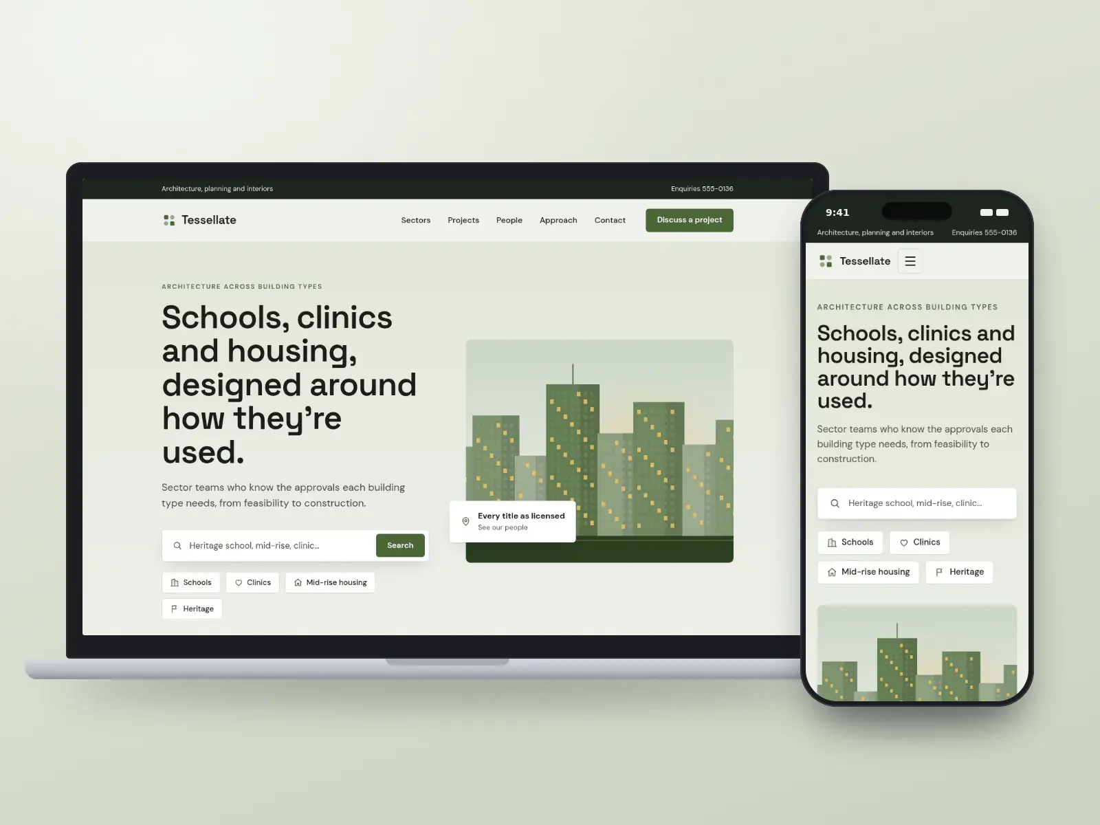 Tessellate Architecture, a concrete and moss architecture practice website with a building type search, sector quick links and an illustration of mid-rise towers, shown on a laptop and a phone.