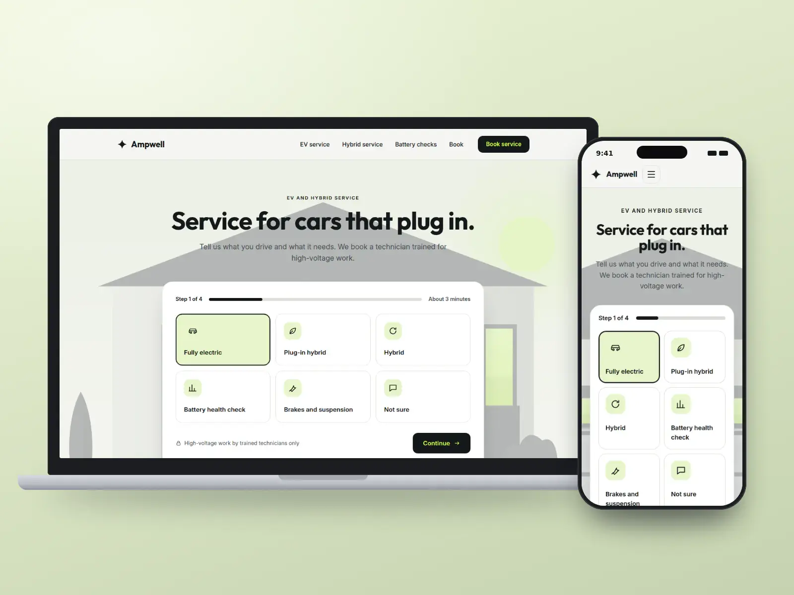 Ampwell, a graphite and electric lime EV and hybrid service website with a step-by-step booking card asking what you drive, over a soft road illustration, on a laptop and a phone.