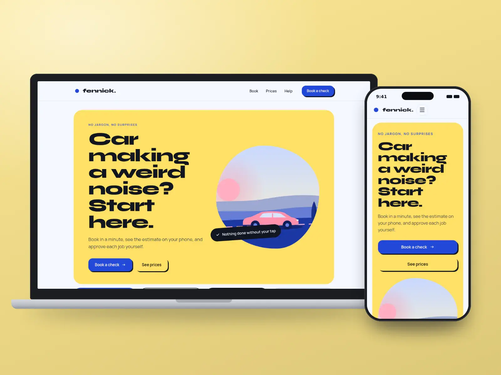 fennick., an electric blue and yellow garage website with oversized type, a car on a rounded road illustration and colourful tiles for book, approve and drive away, on a laptop and a phone.