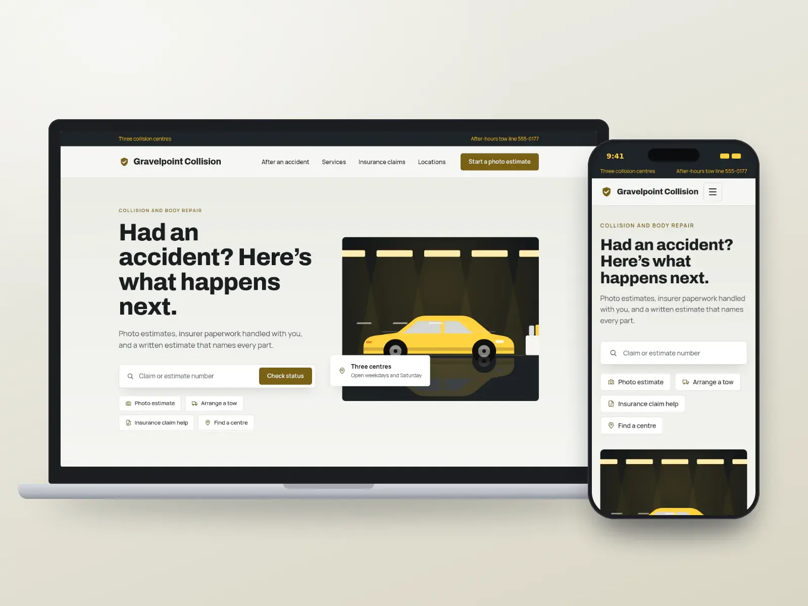 Gravelpoint Collision, a slate and signal yellow collision centre website with a claim search, quick links for after an accident and a drawn refinishing booth, on a laptop and a phone.