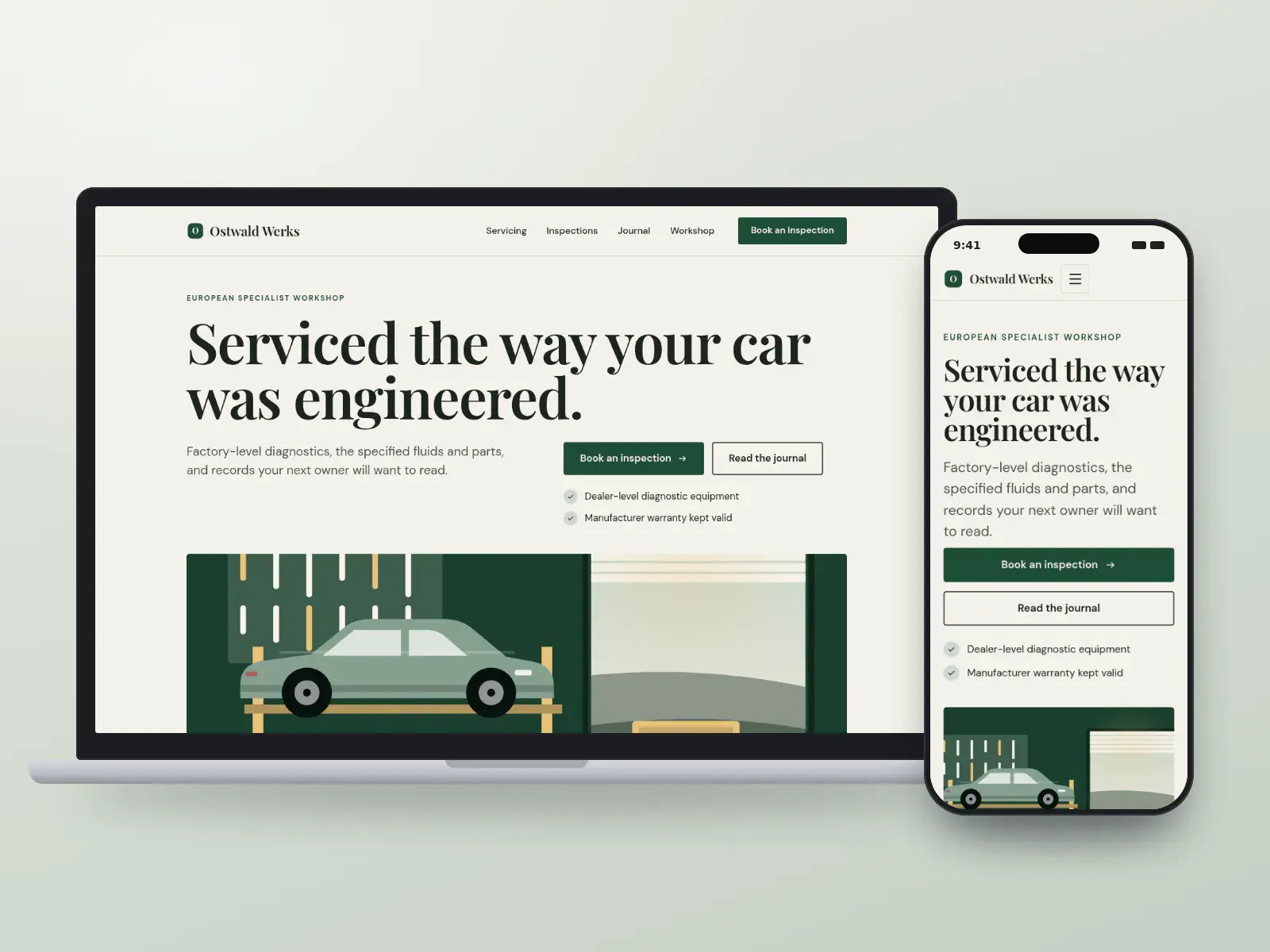 Ostwald Werks, a racing green and bone editorial workshop website with a large serif headline, a wide illustration of cars on a lift and a journal of maintenance guides, on a laptop and phone.