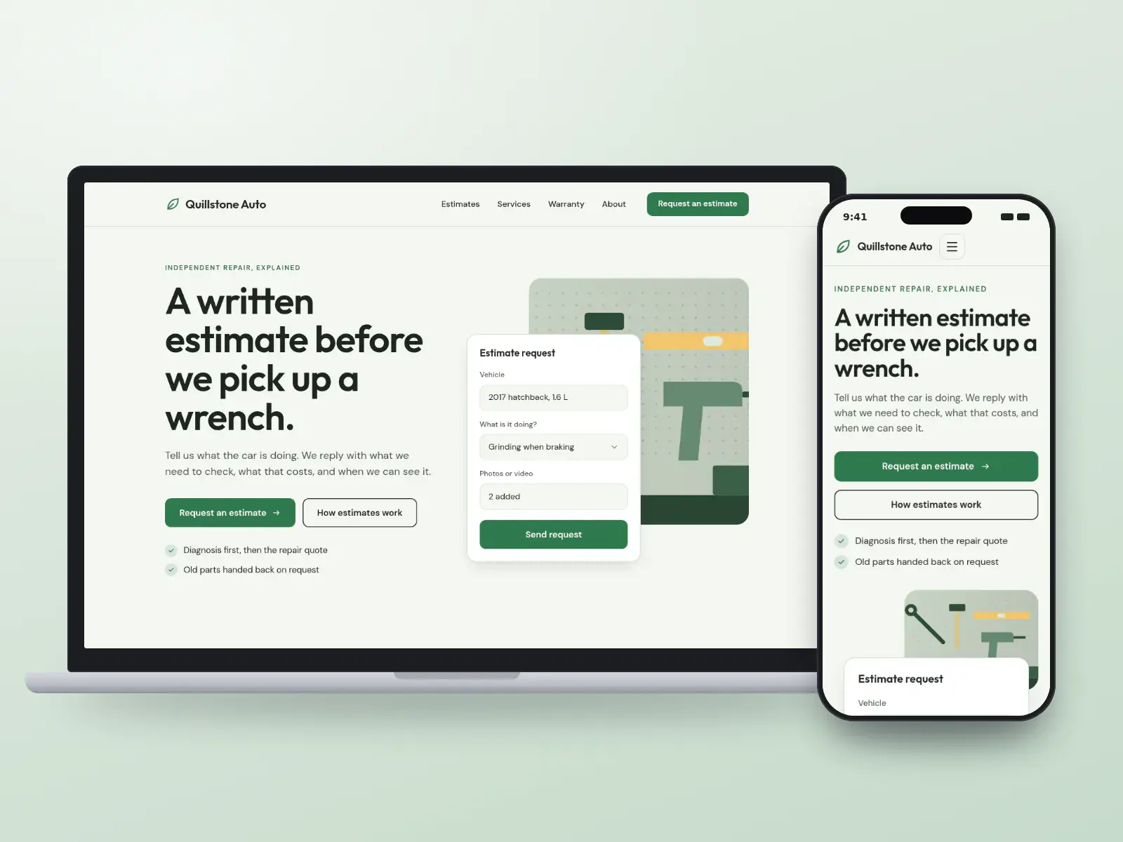 Quillstone Auto, a fern green and paper auto repair website with an estimate request card over a drawn tool wall, and a table explaining estimate types, on a laptop and a phone.