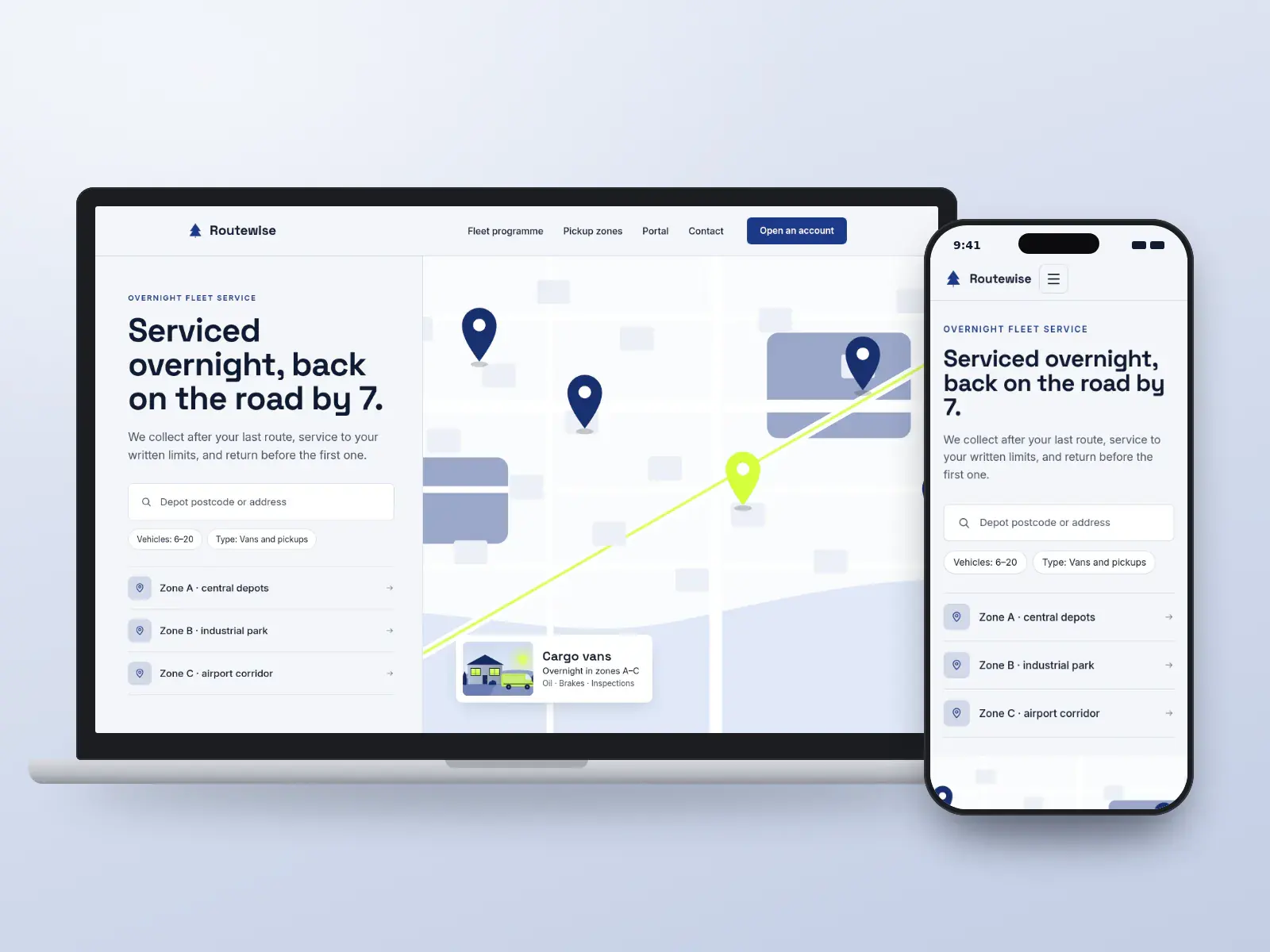 Routewise Fleet Service, a navy and hi-vis fleet repair website with a map of overnight pickup zones, a zone search and a service van card pinned on the map, on a laptop and a phone.