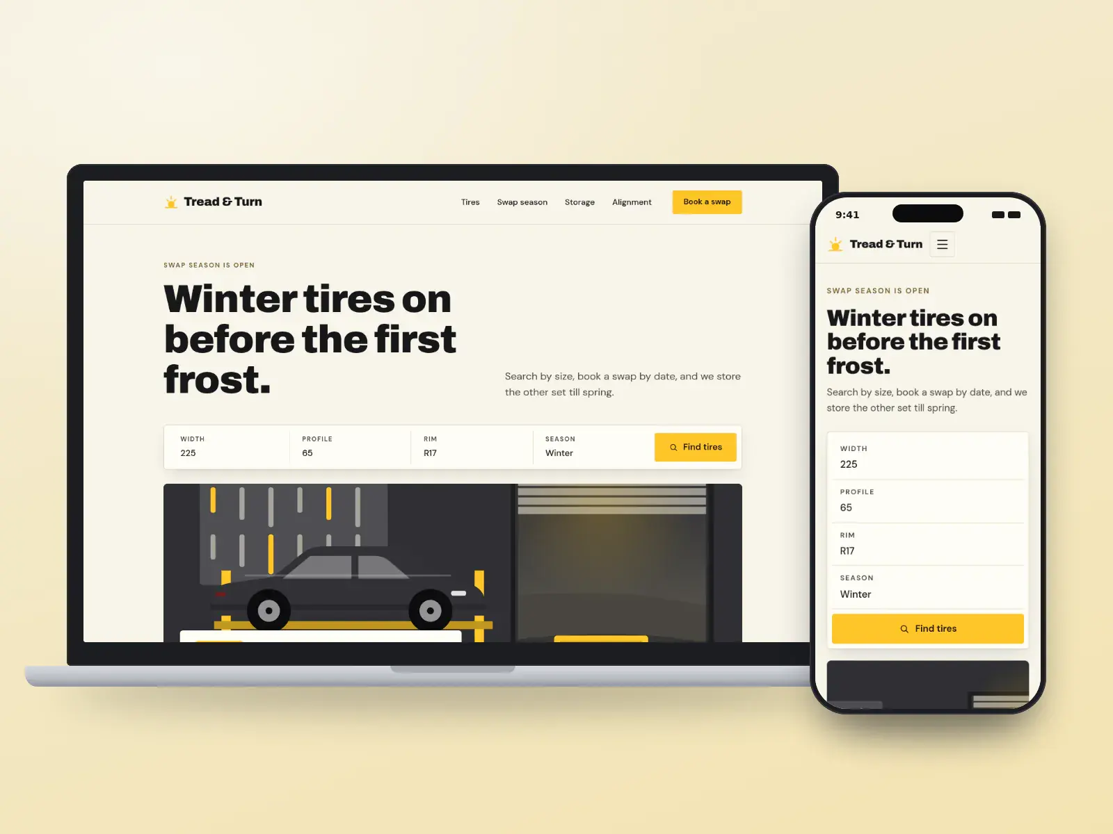 Tread & Turn, an asphalt and tread yellow tire shop website with a tire size search bar, a drawn service bay and a seasonal swap booking, on a laptop and a phone.