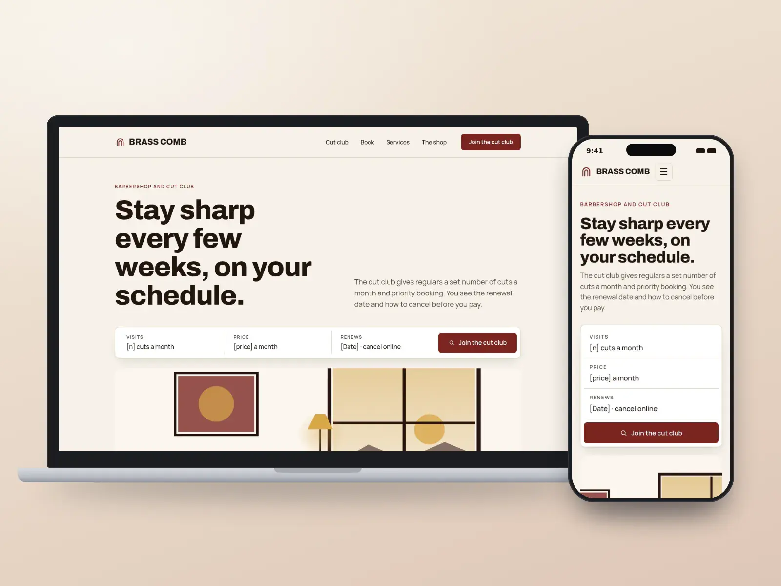 Brass Comb Barbershop, a brass and oxblood barbershop website with a cut club bar showing visits, renewal and online cancellation above a wide drawn interior, on a laptop and a phone.
