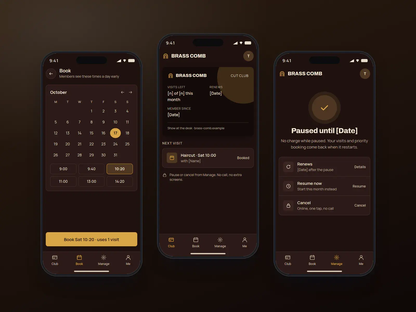 Brass Comb cut club app, three oxblood and brass dark-mode phone screens: a club card with visits left, member booking times, and a paused membership confirmation.