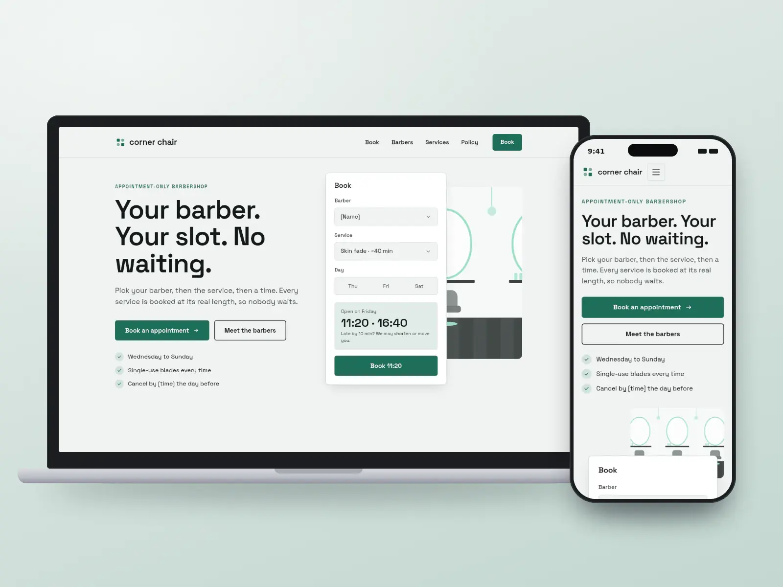 Corner Chair Barbers, a concrete grey and mint appointment-only barbershop website with a barber booking panel beside a drawn row of mirrors and chairs, shown on a laptop and a phone.