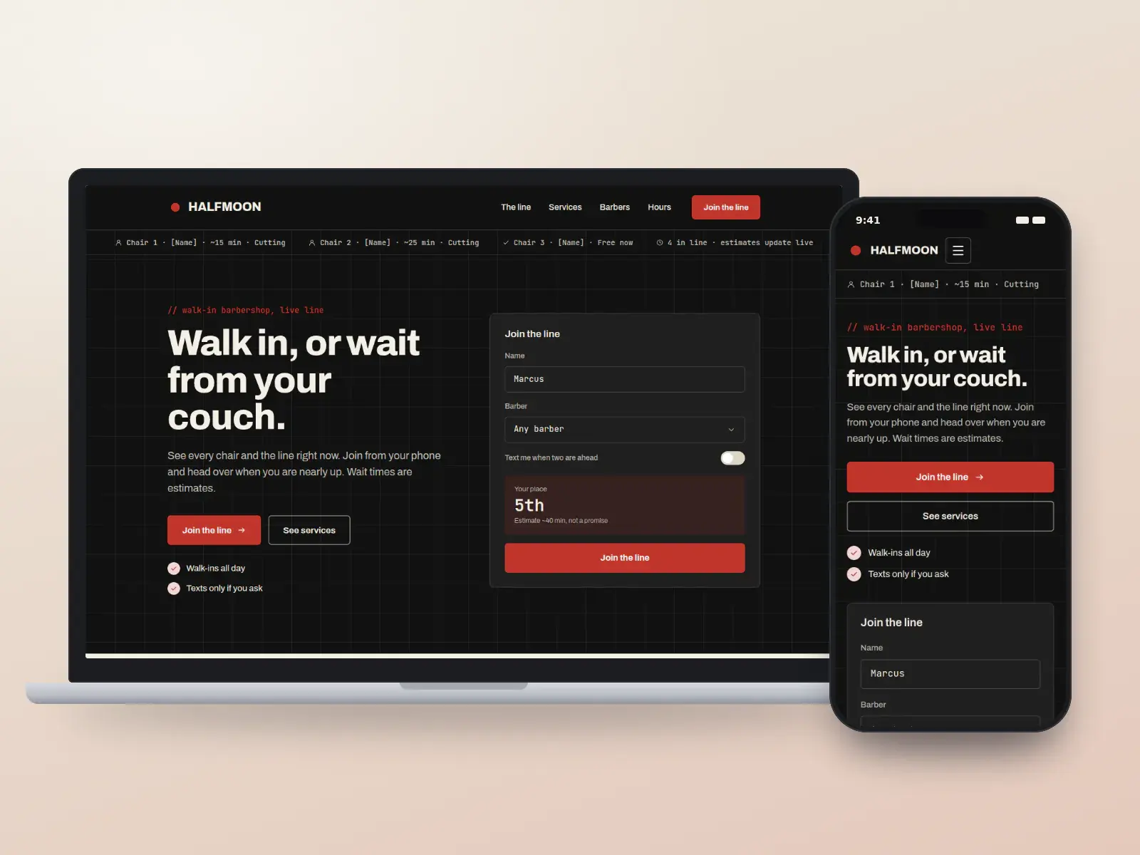 Halfmoon Barbers, a black and pole-stripe red barbershop website with a running chair board of estimated waits and a join-the-line panel, shown on a laptop and a phone.