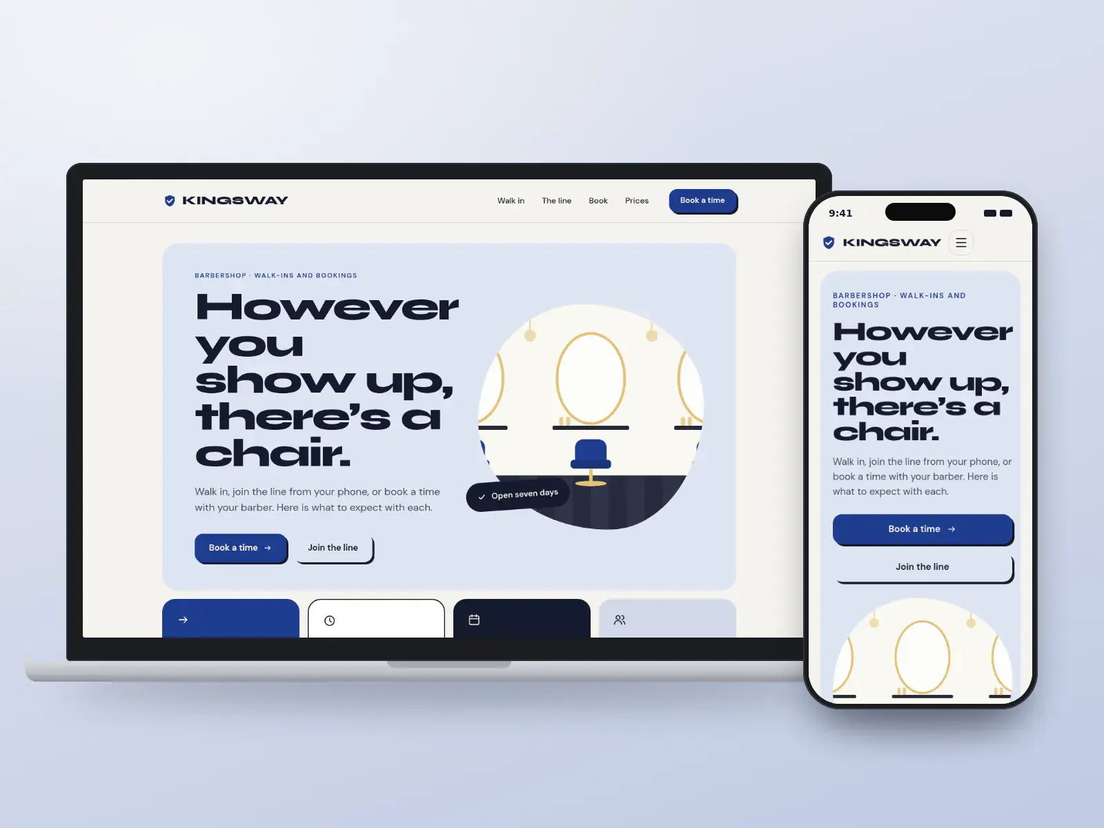 Kingsway Barber Co., a royal blue and brass barbershop website with oversized type, a rounded drawing of a shop interior and four colourful entry tiles, shown on a laptop and a phone.
