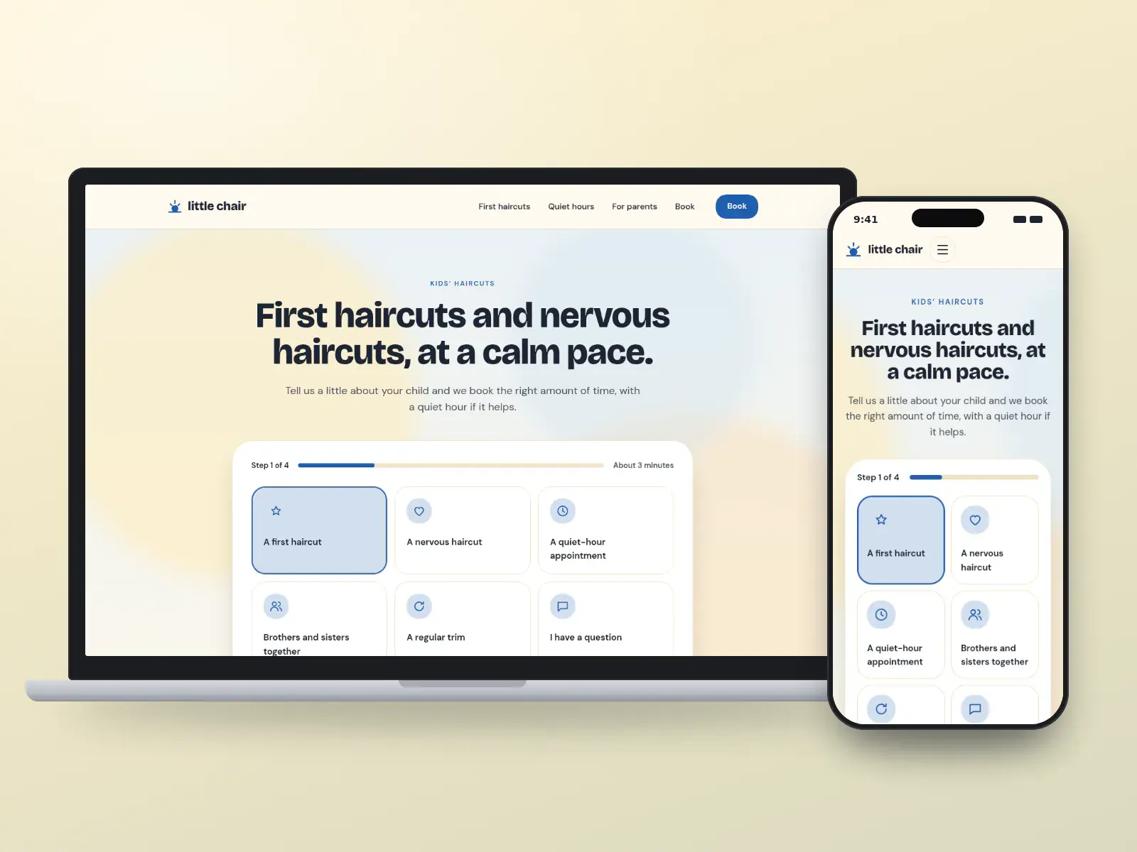 Little Chair, a sunny yellow and sky blue kids’ barbershop website with a step-by-step booking chooser for first and quiet-hour haircuts over a soft wash, on a laptop and a phone.