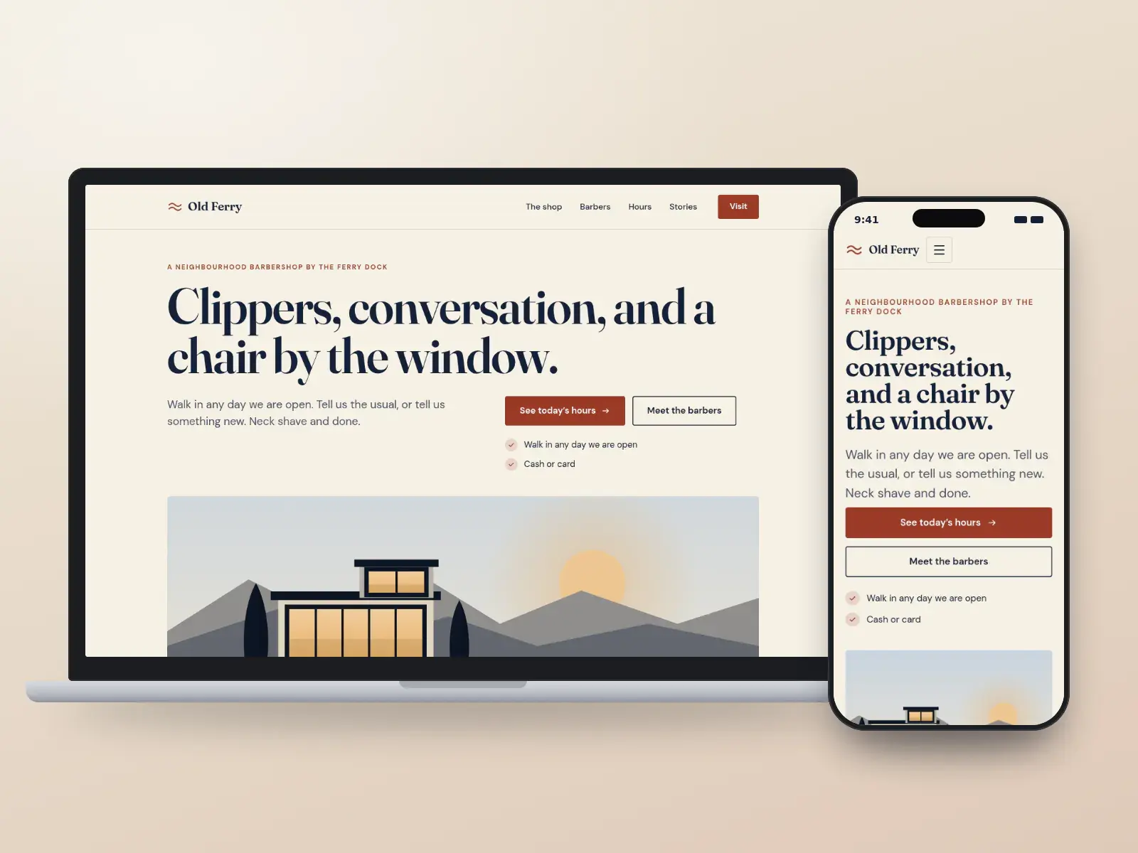 Old Ferry Barbers, a harbour navy, cream and rust editorial barbershop website with a large serif headline and a wide drawing of a harbour at dusk, shown on a laptop and a phone.