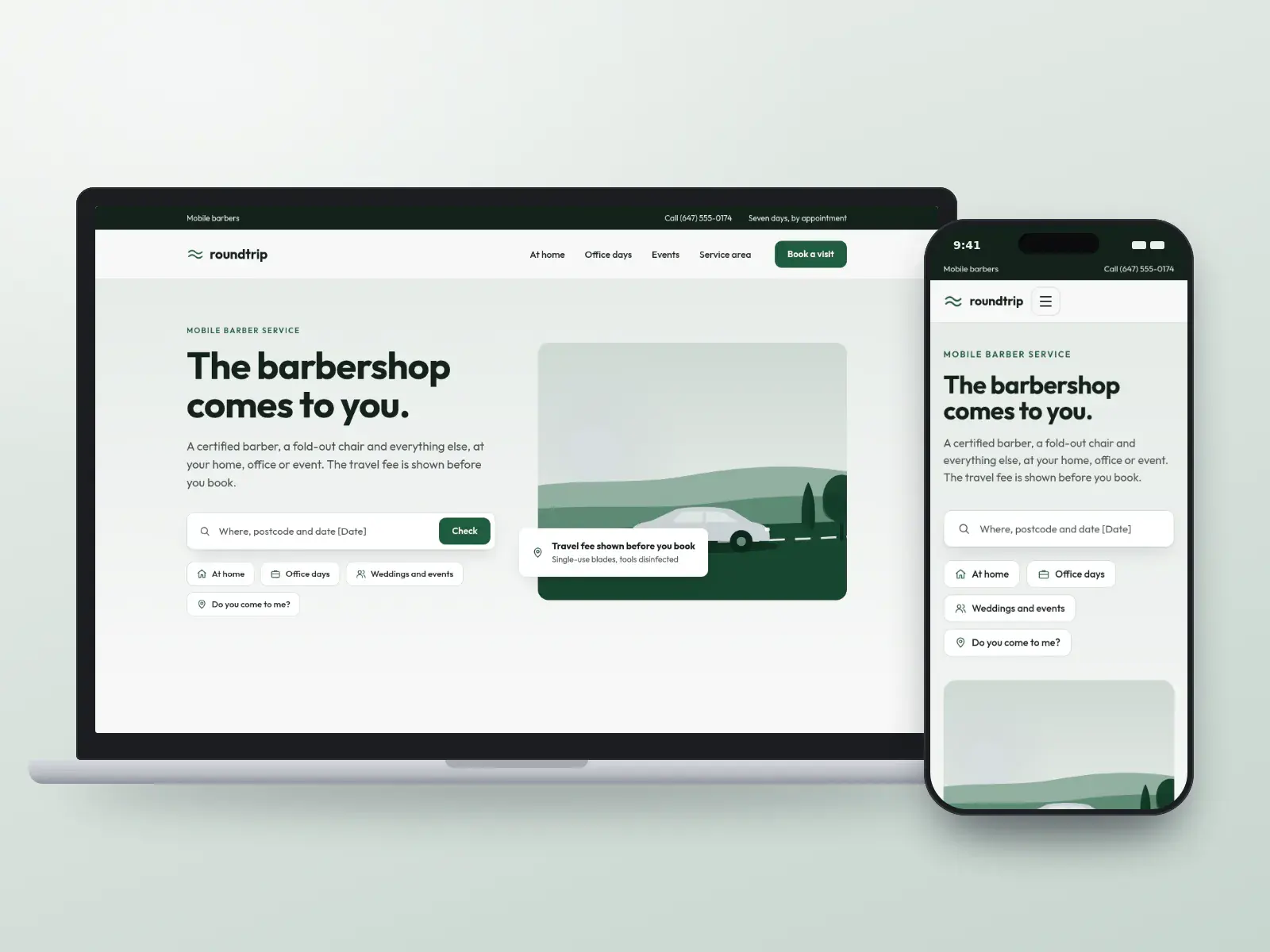 Roundtrip Mobile Barbers, a forest green and silver mobile barber website with a booking search, quick links for home, office and events and a drawn van on the road, on a laptop and a phone.