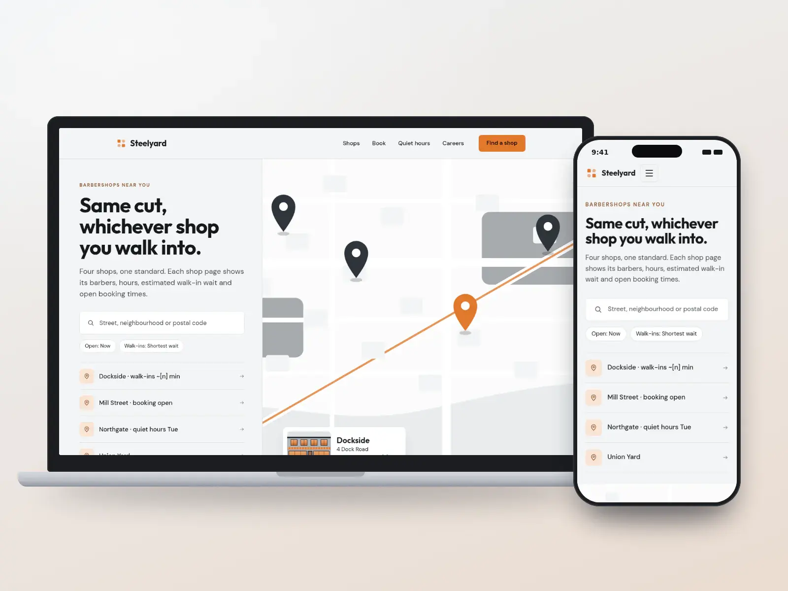 Steelyard Barbers, a gunmetal and orange barbershop group website with a shop finder beside a map of shop pins and a shop card, shown on a laptop and a phone.