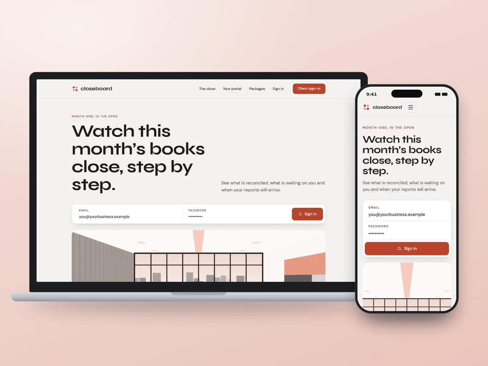 Closeboard Bookkeeping, a graphite and coral bookkeeping website with a client sign-in bar over a wide meeting room illustration and a table of this month’s close steps, on a laptop and a phone.