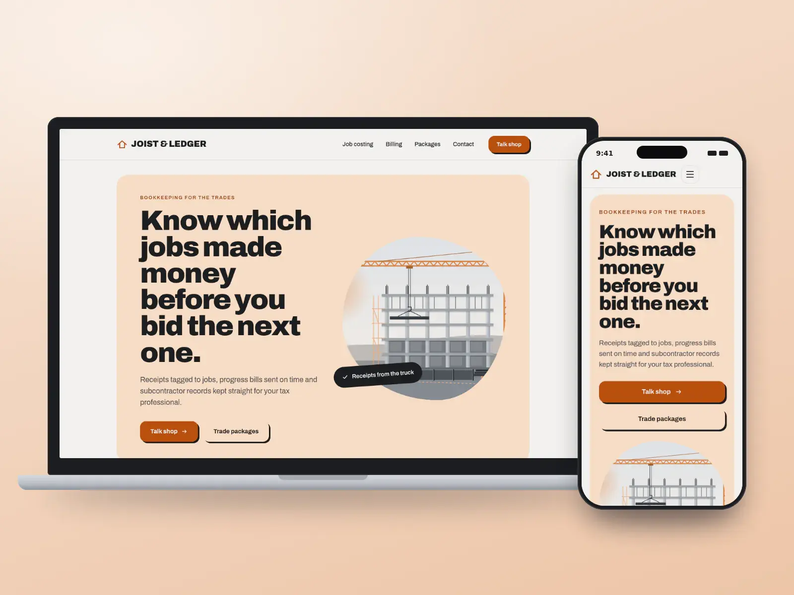 Joist & Ledger, a safety orange and steel bookkeeping website for contractors with heavy type, colour-block tiles for job costing and progress billing, and a drawn job site, on a laptop and a phone.