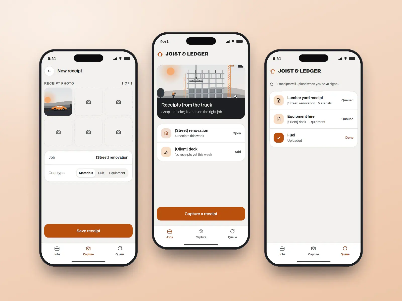 Joist & Ledger receipts app, three steel and safety orange phone screens: a job list with an empty week, a receipt tagged to a job and cost type, and an offline upload queue.