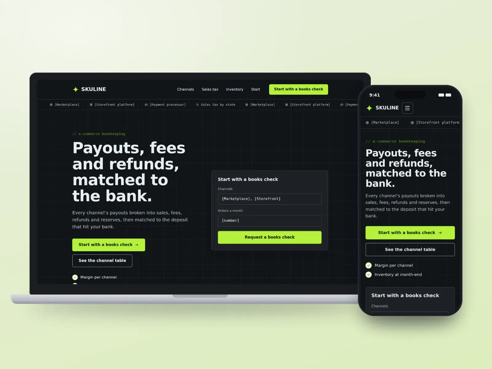 Skuline Books, a night ledger and lime e-commerce bookkeeping website with a ticker of sales channels, a channel table and a books-check request panel, on a laptop and a phone.
