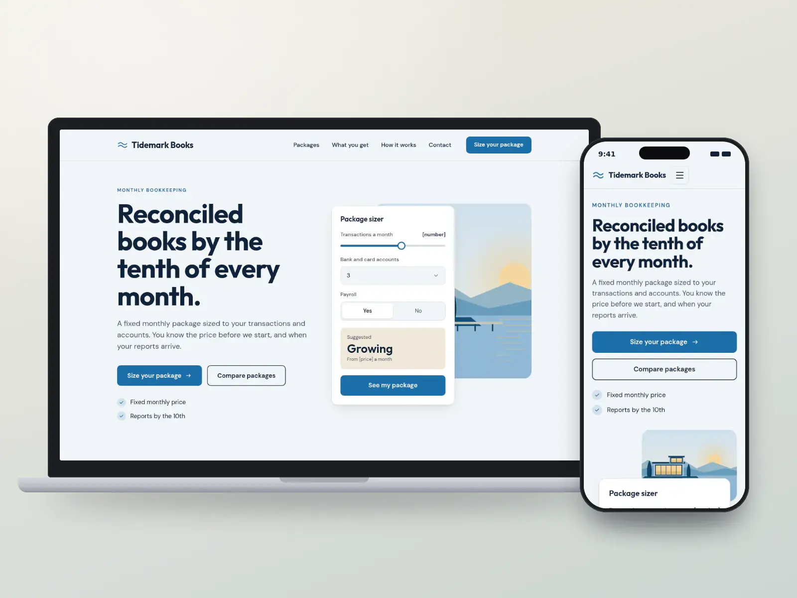 Tidemark Books, a tide blue and sand bookkeeping website with a package sizer beside the headline about reconciled books by the tenth and a shoreline illustration, on a laptop and a phone.