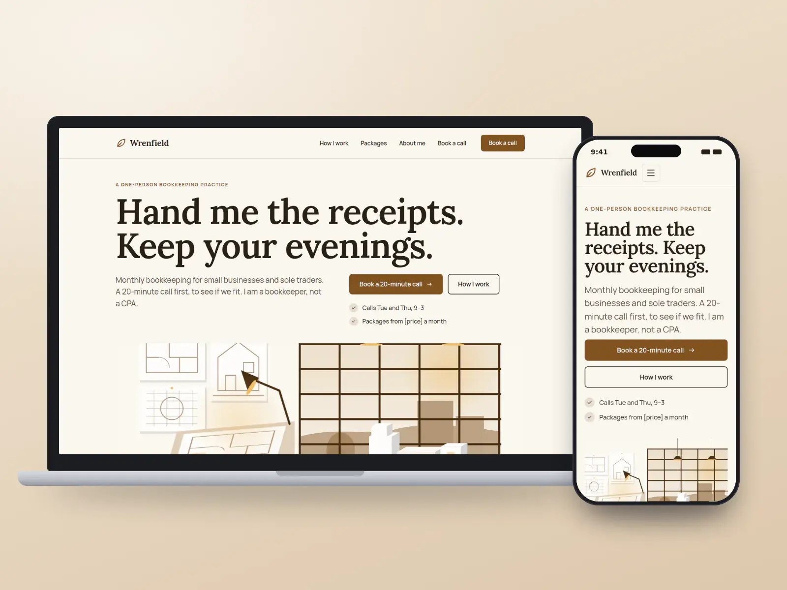 Wrenfield Bookkeeping, a wren brown and cream editorial bookkeeping website with a large serif headline above a drawn studio desk illustration, on a laptop and a phone.