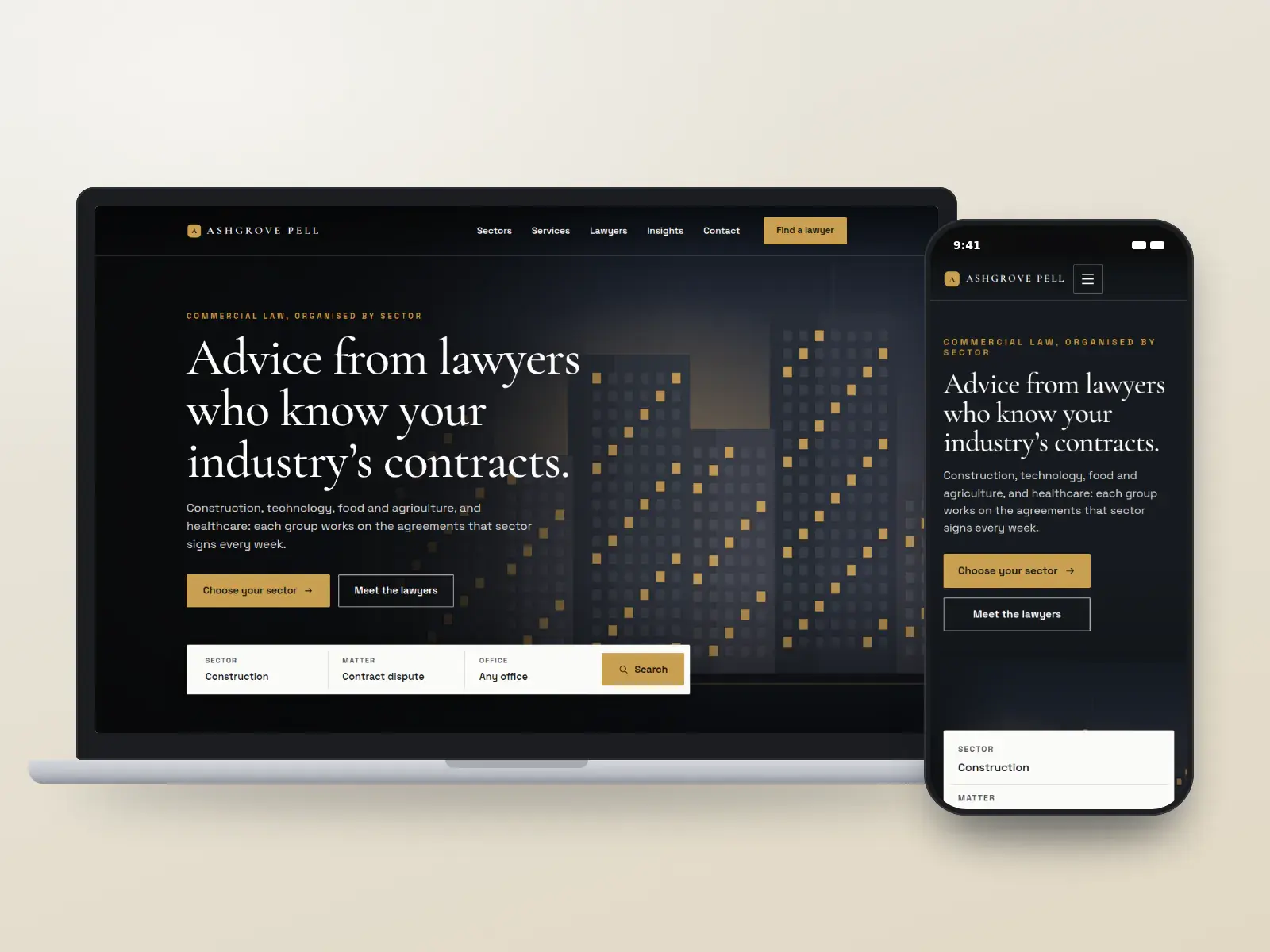 Ashgrove Pell, a slate and brass commercial law website with a full-width dusk illustration of office towers, a serif headline and a sector search bar, shown on a laptop and a phone.