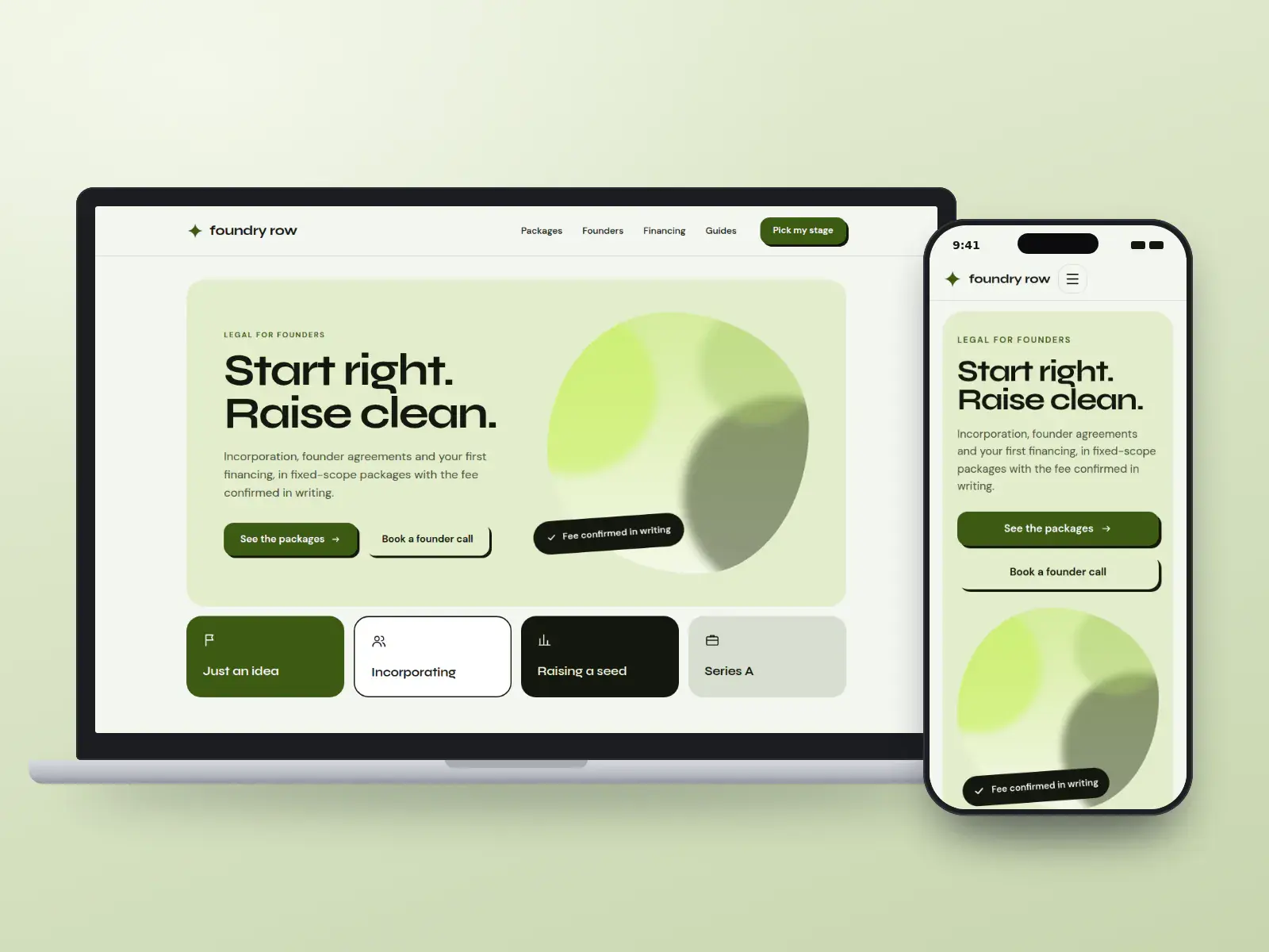 Foundry Row Legal, a lime and carbon startup law website with bold display type, an abstract network illustration and four stage tiles from idea to Series A, shown on a laptop and a phone.