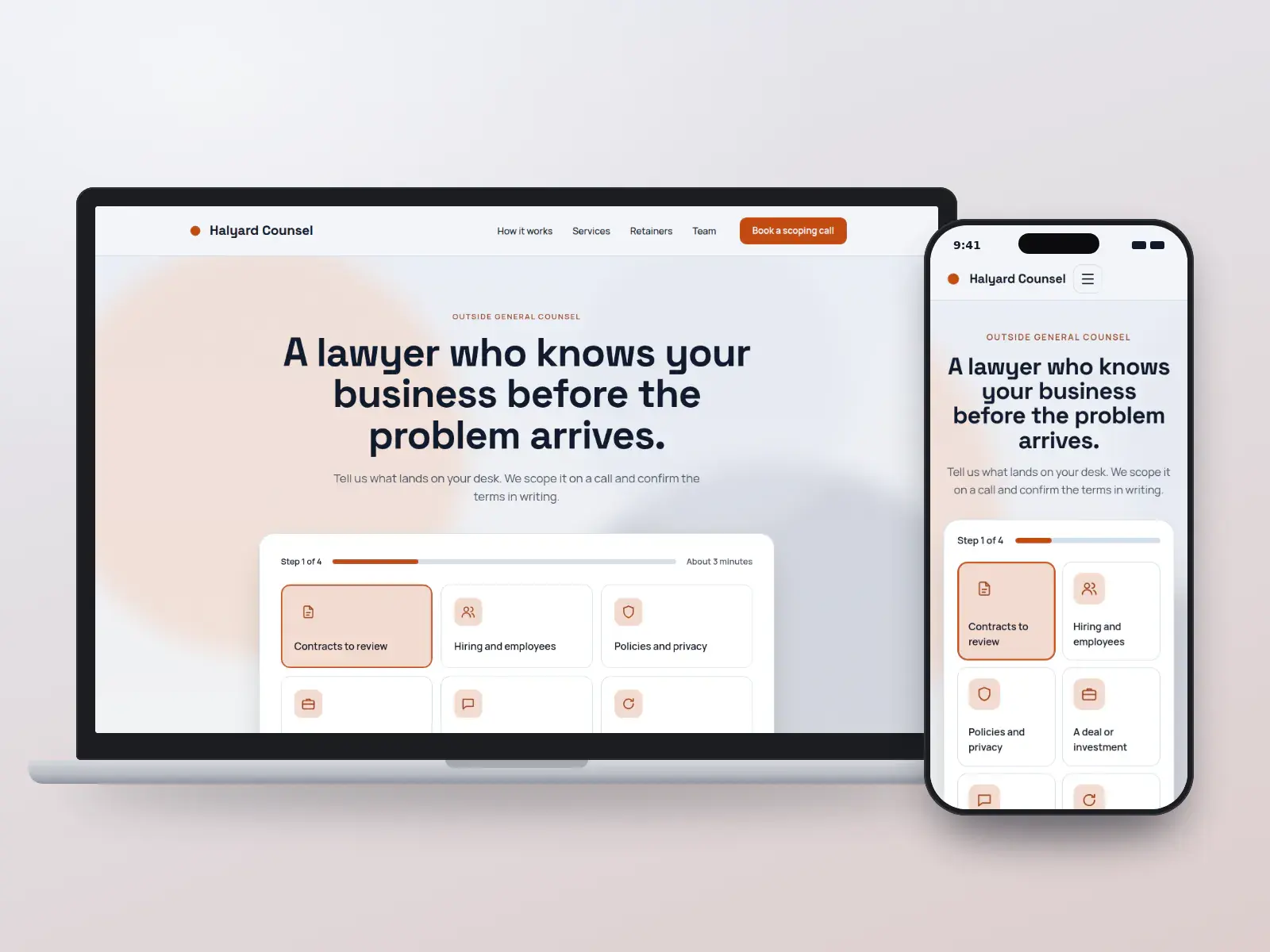 Halyard Counsel, a navy and signal orange outside counsel website whose homepage is a step-by-step chooser of legal needs with a progress bar over a soft hills illustration, shown on a laptop and a phone.