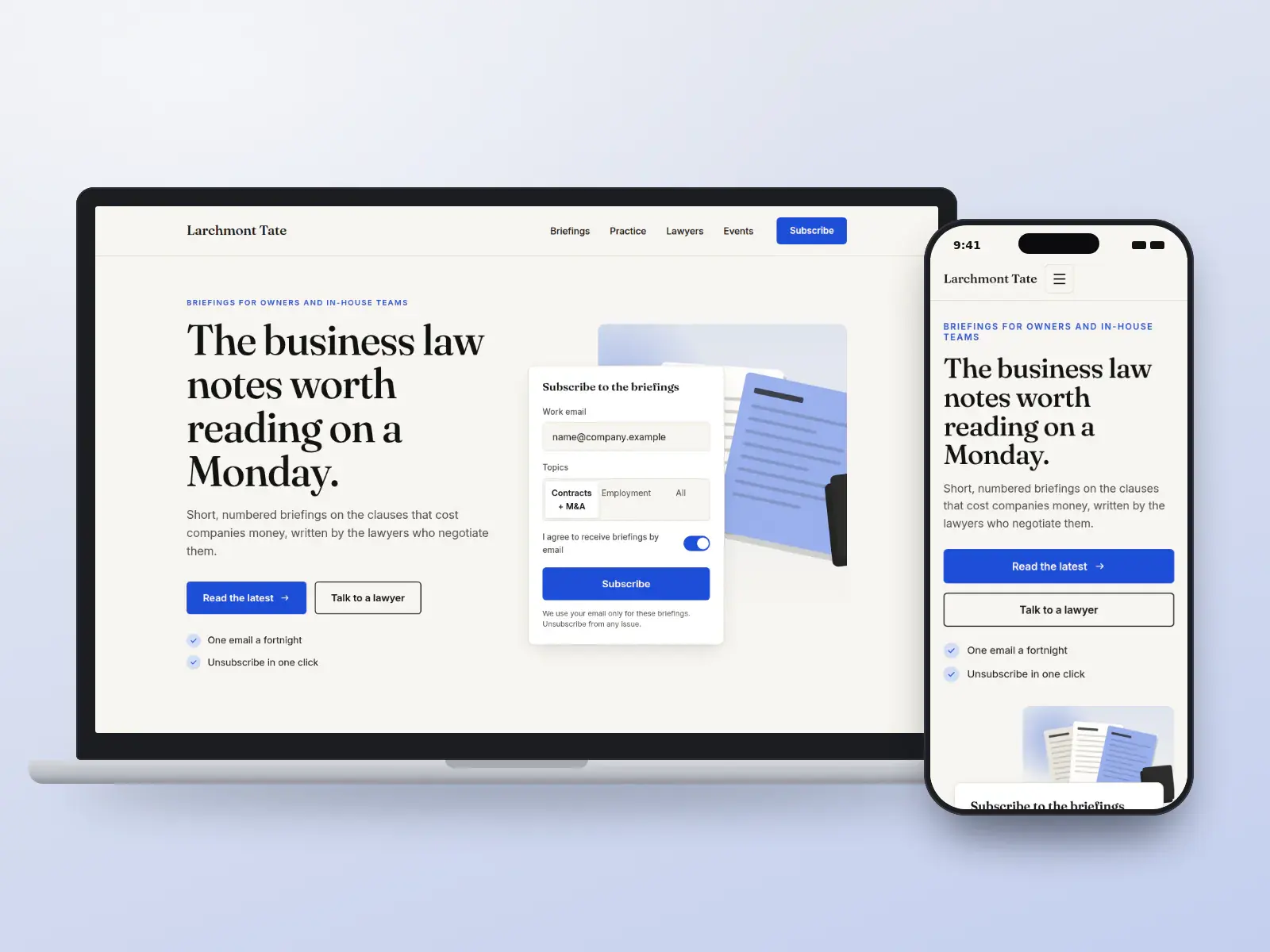 Larchmont Tate, an ink and newsprint business law website with a serif headline, an illustration of stacked documents and a newsletter sign-up card with a consent switch, shown on a laptop and a phone.