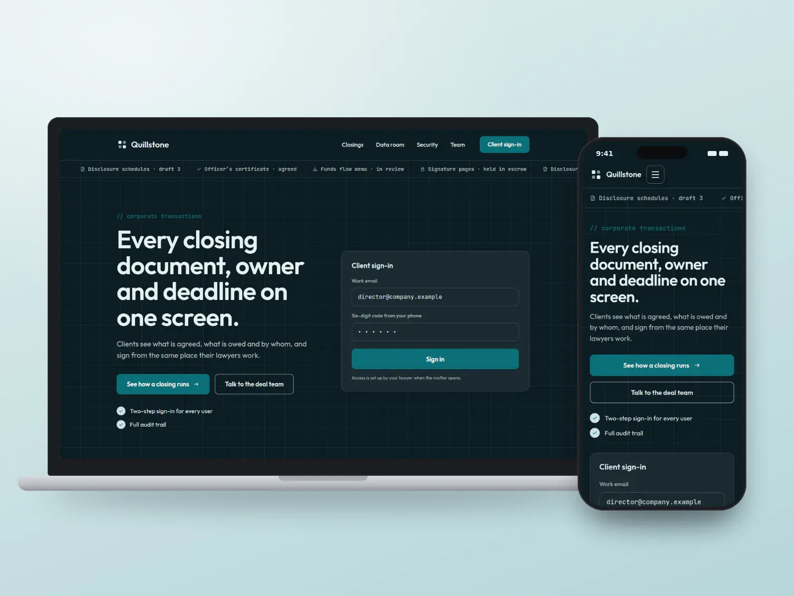 Quillstone, a midnight and teal transactional law website with a grid background, a ticker of closing deliverables and a two-step client sign-in panel, shown on a laptop and a phone.
