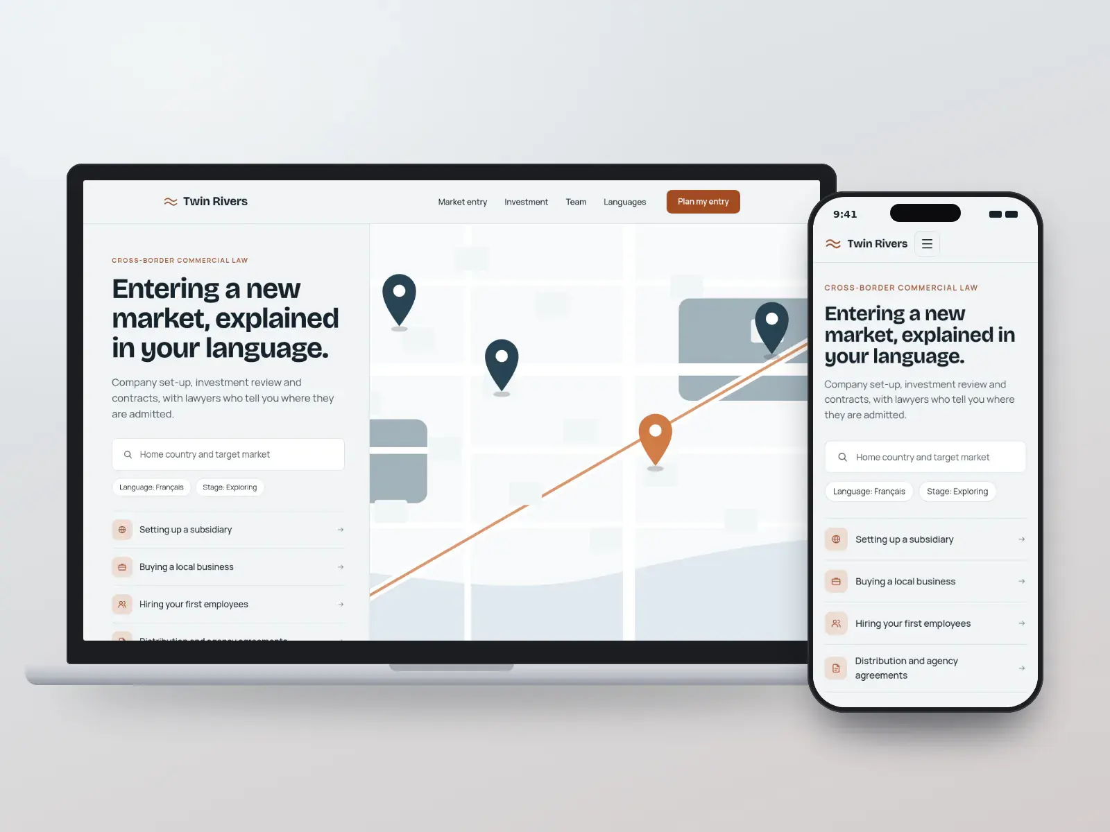 Twin Rivers Commercial Law, a glacier and copper cross-border law website with a market-entry finder beside a drawn map with pinned offices, shown on a laptop and a phone.