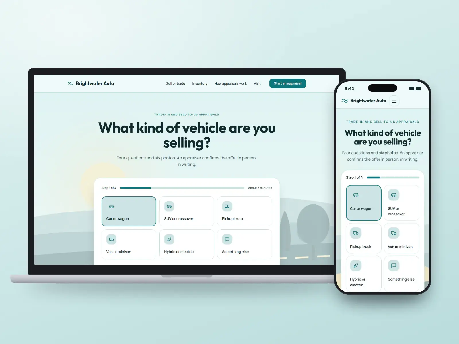 Brightwater Auto, a lagoon teal trade-in website with a four-step appraisal wizard asking what kind of vehicle you are selling, over a soft road illustration, on a laptop and phone.