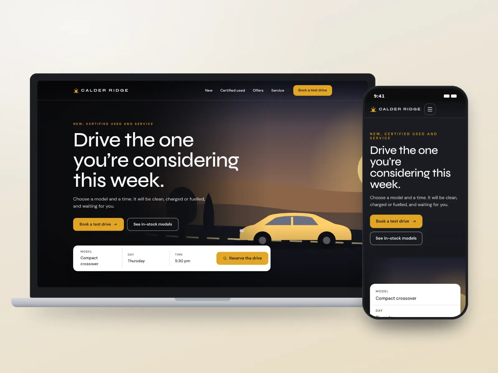 Calder Ridge, a new-car dealer website with a full-width dusk illustration of a car on an open road, a gold test-drive booking bar and model cards, on a laptop and a phone.