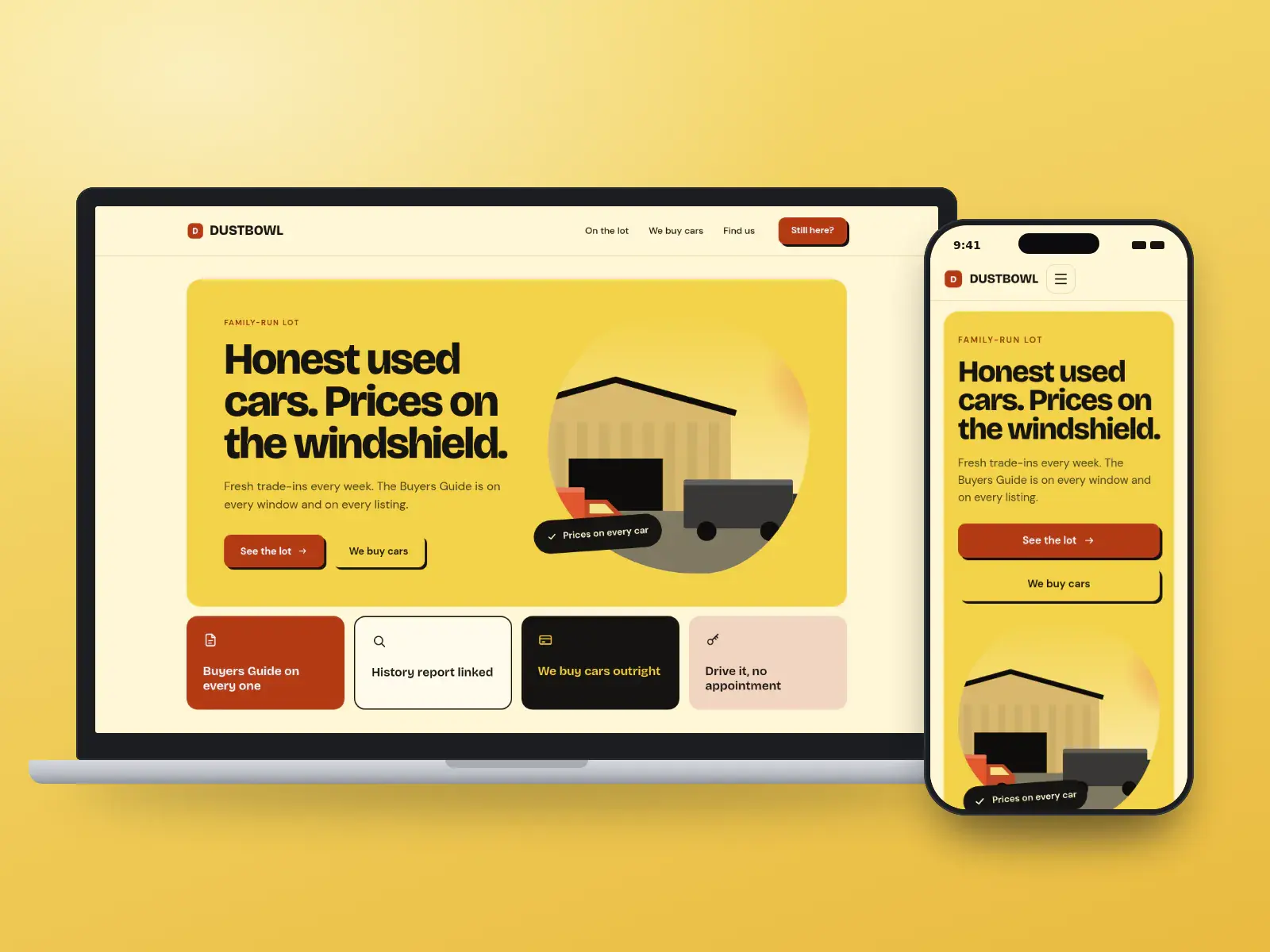Dustbowl Motors, a mustard and black used-car lot website with poster type, a sticker, bold tiles and a drawn yard of pickups and vans, on a laptop and a phone.