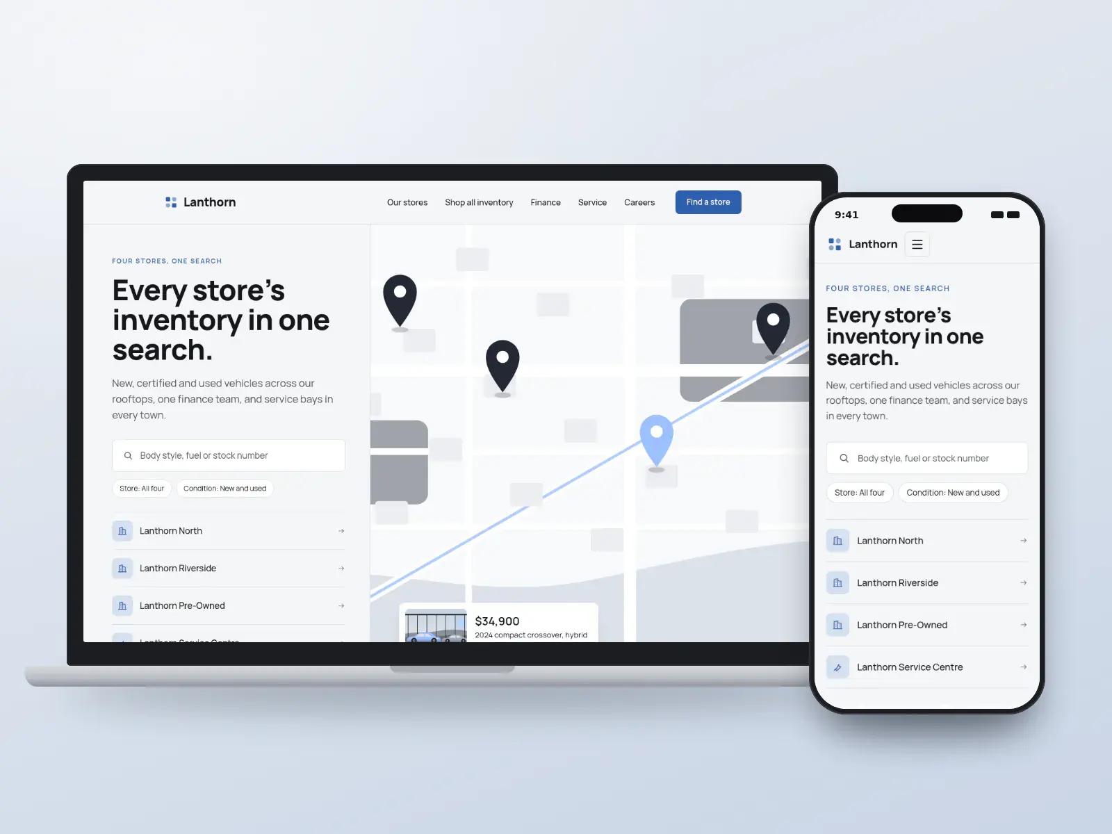 Lanthorn Auto Group, a graphite and blue dealer group website with a map of its stores, a group-wide inventory search and a vehicle card pinned on the map, on a laptop and phone.