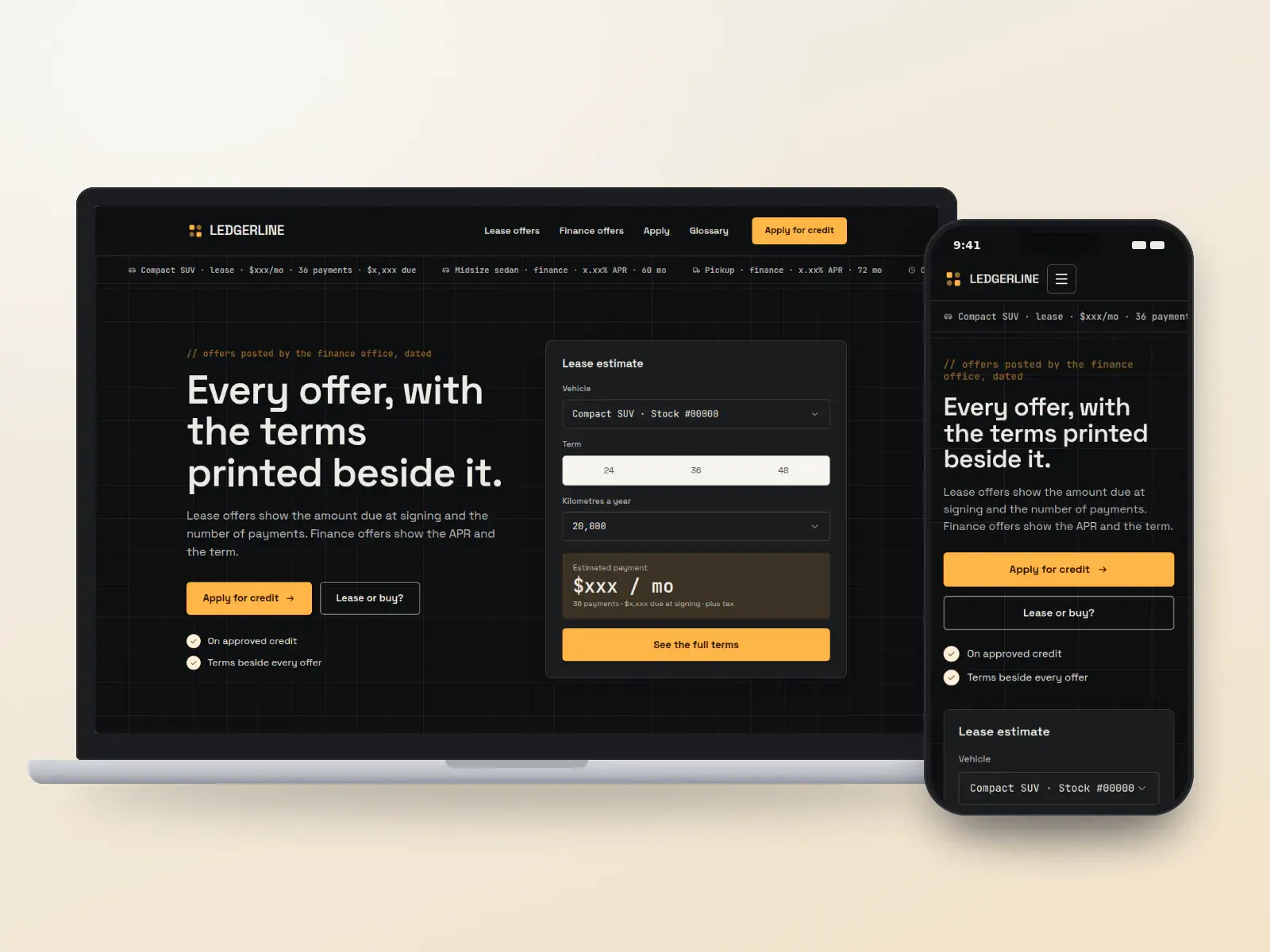 LEDGERLINE, a dark carbon and amber dealer finance website with an offer ticker, a lease estimate panel and an offer table showing APR, term and due at signing, on a laptop and phone.