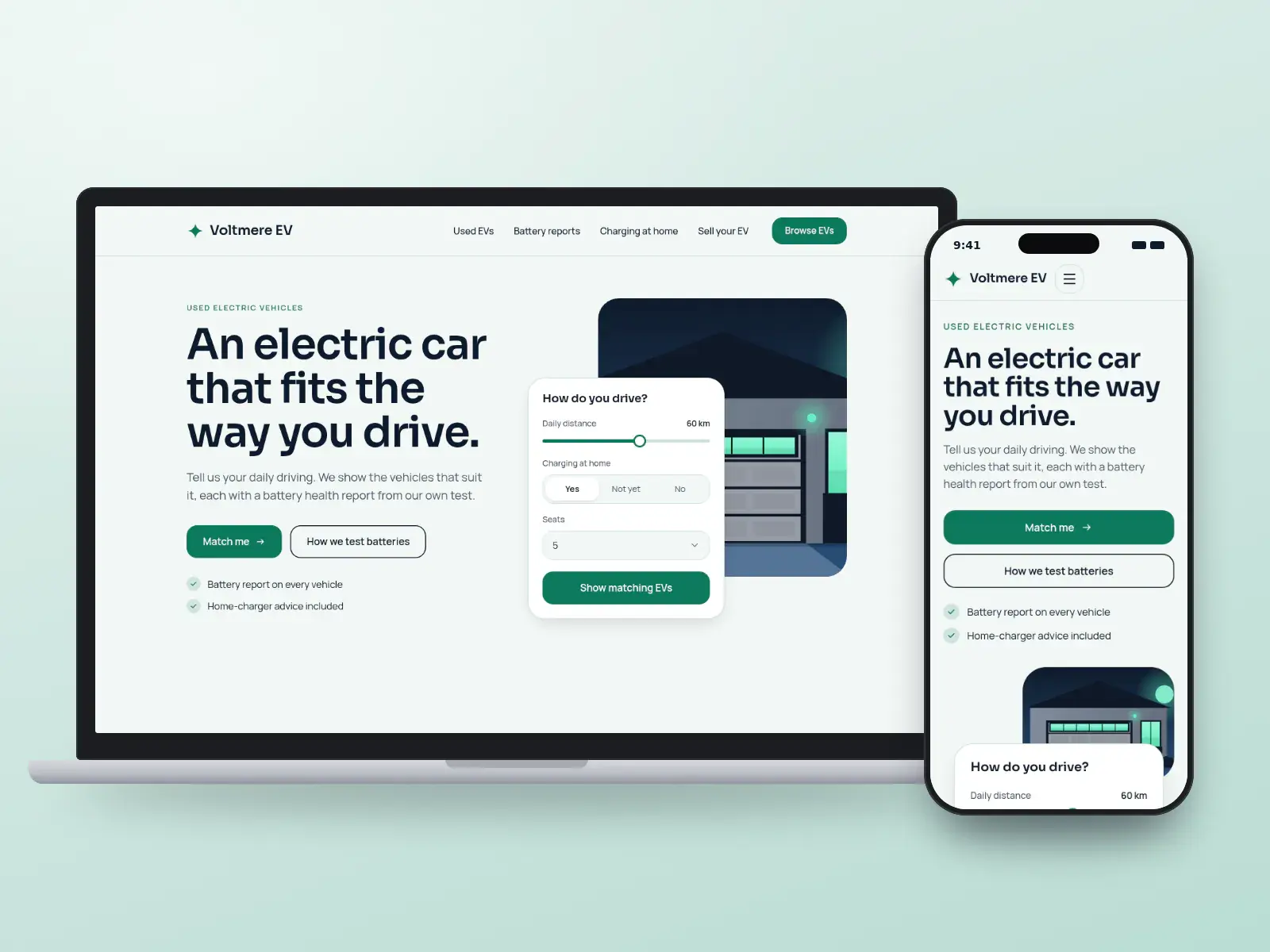 Voltmere EV, a mint and navy used electric-vehicle dealer website with a daily-driving question card over a drawn home garage, and battery report features, on a laptop and a phone.