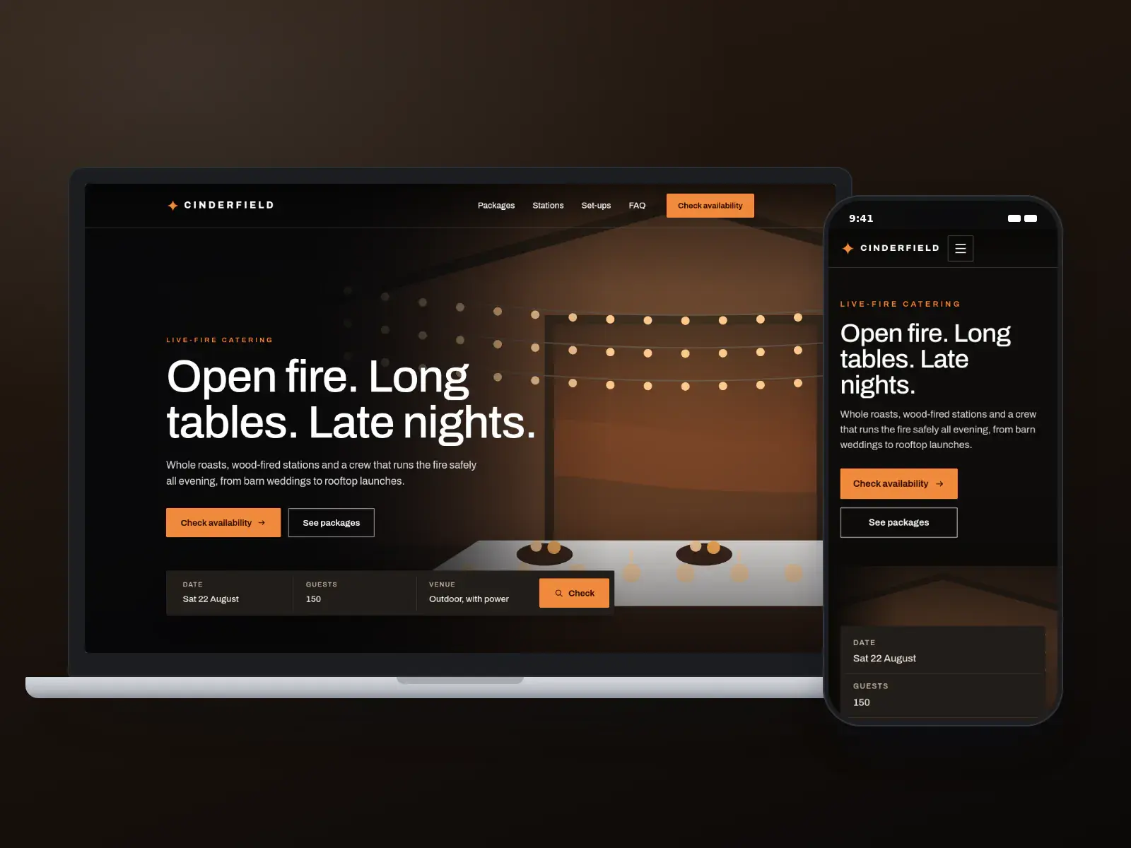 Cinderfield, a dark ember-orange live-fire catering website with a full-width illustration of a barn under string lights and a long table, shown on a laptop and a phone.