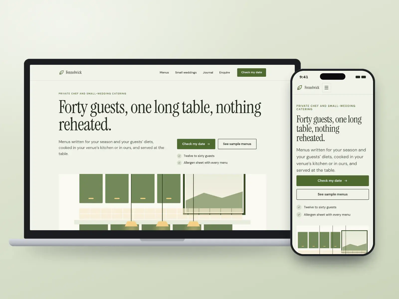Fennelwick, a fennel green and linen private chef website with a large serif headline above a wide illustration of a home kitchen at golden hour, shown on a laptop and a phone.