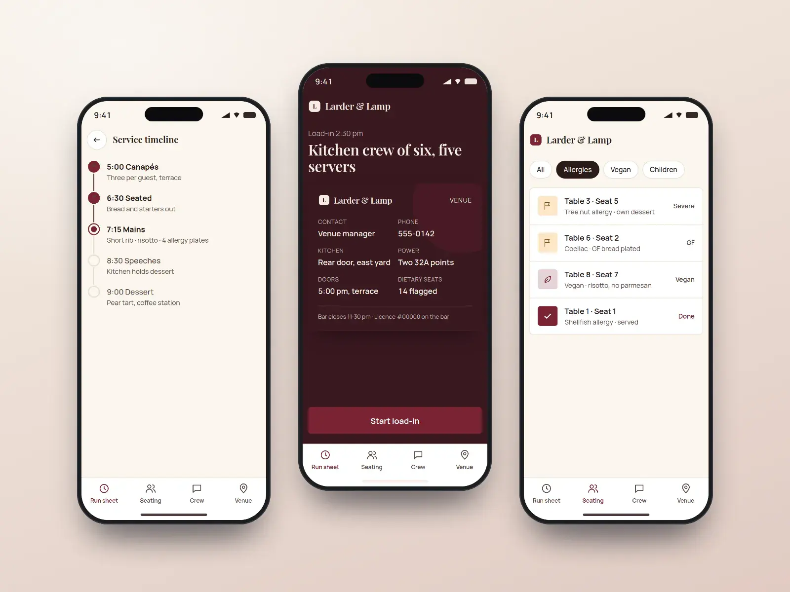 Larder & Lamp crew run sheet, three claret phone screens, the first in dark mode for the kitchen: the day’s load-in and venue contact, the service timeline, and a seating list with dietary seat numbers.